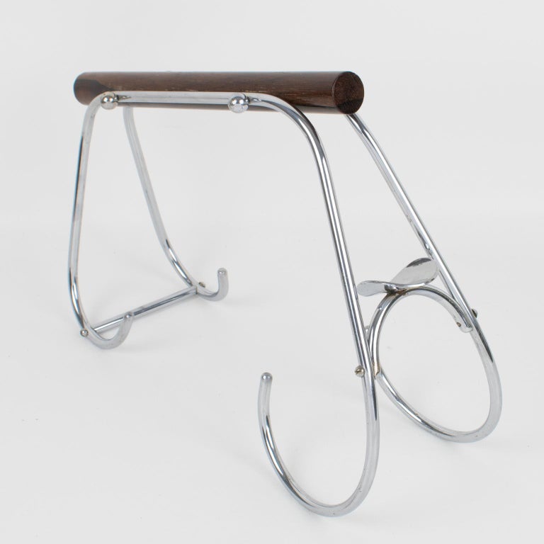 Jacques Art Deco Chrome and Wood Bottle Holder Wine Pourer Server