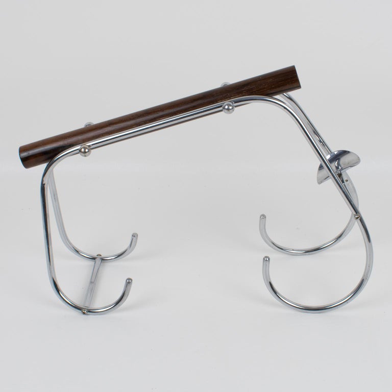 Jacques Art Deco Chrome and Wood Bottle Holder Wine Pourer Server