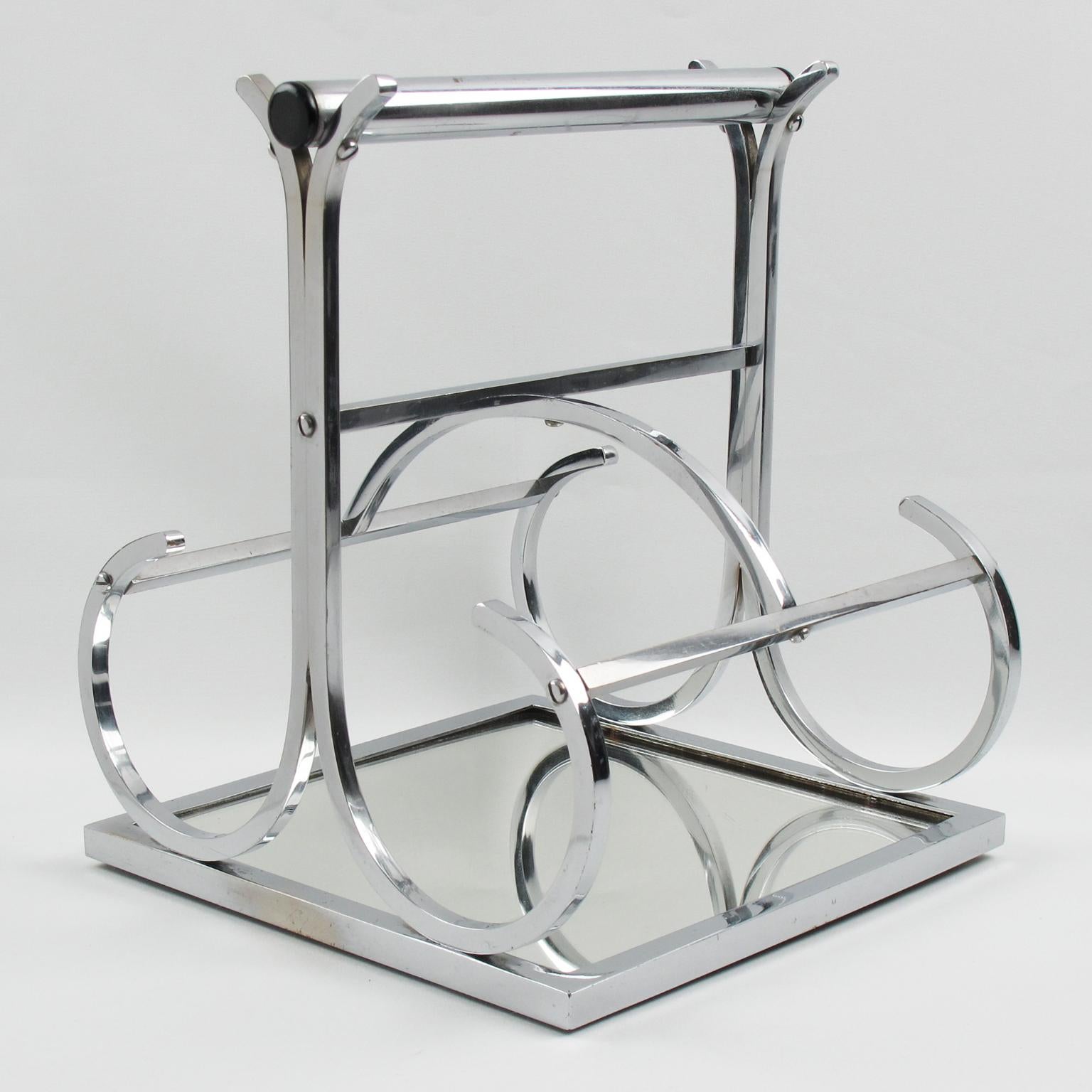 Jacques Adnet Art Deco Chrome Barware Wine Bottle Holder Carrier In Good Condition For Sale In Atlanta, GA