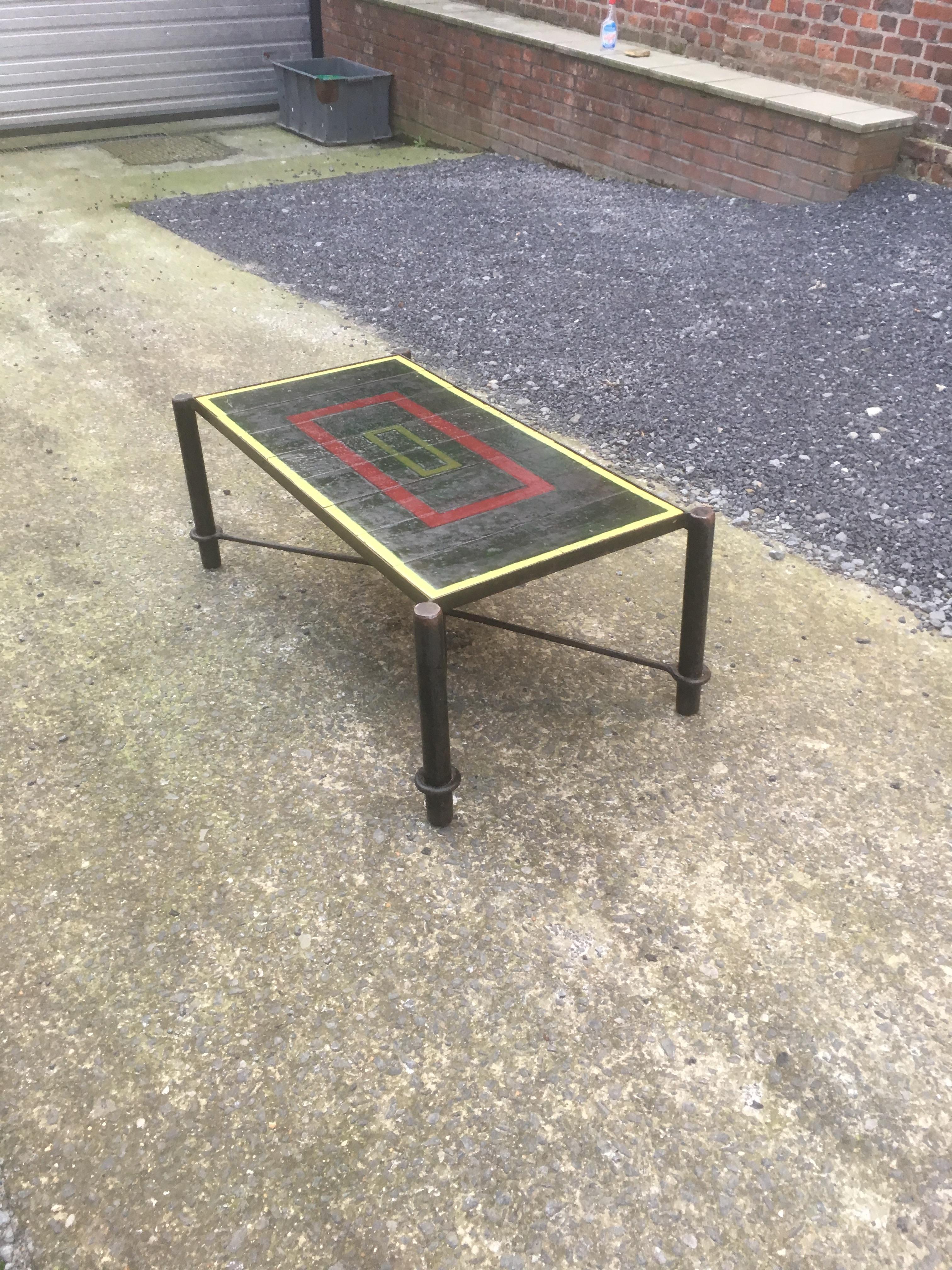 Jacques Adnet, Art Deco Coffee Table in Lacquered Metal, Tray Composed of Tiles For Sale 4