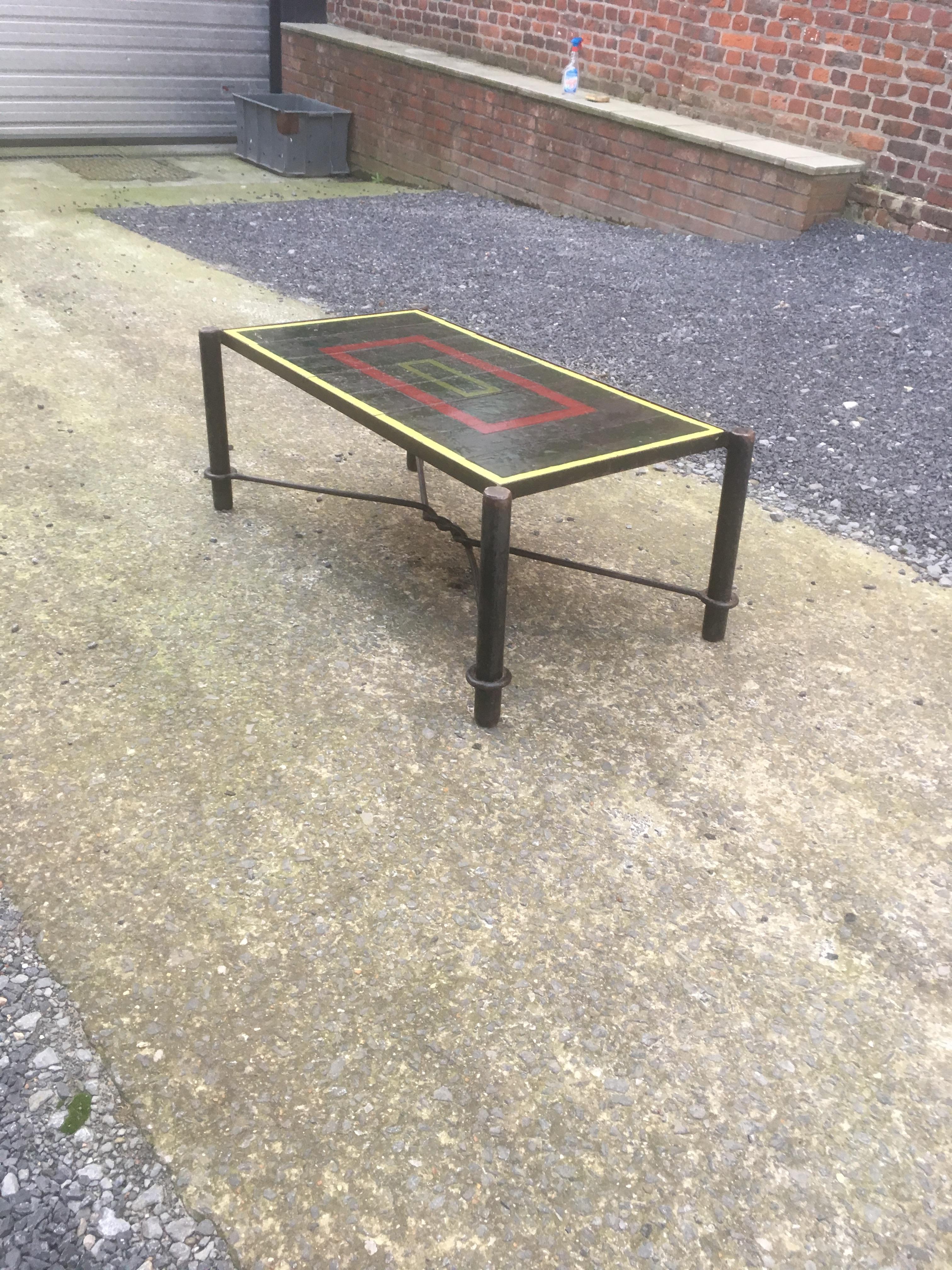 Jacques Adnet, Art Deco Coffee Table in Lacquered Metal, Tray Composed of Tiles For Sale 6