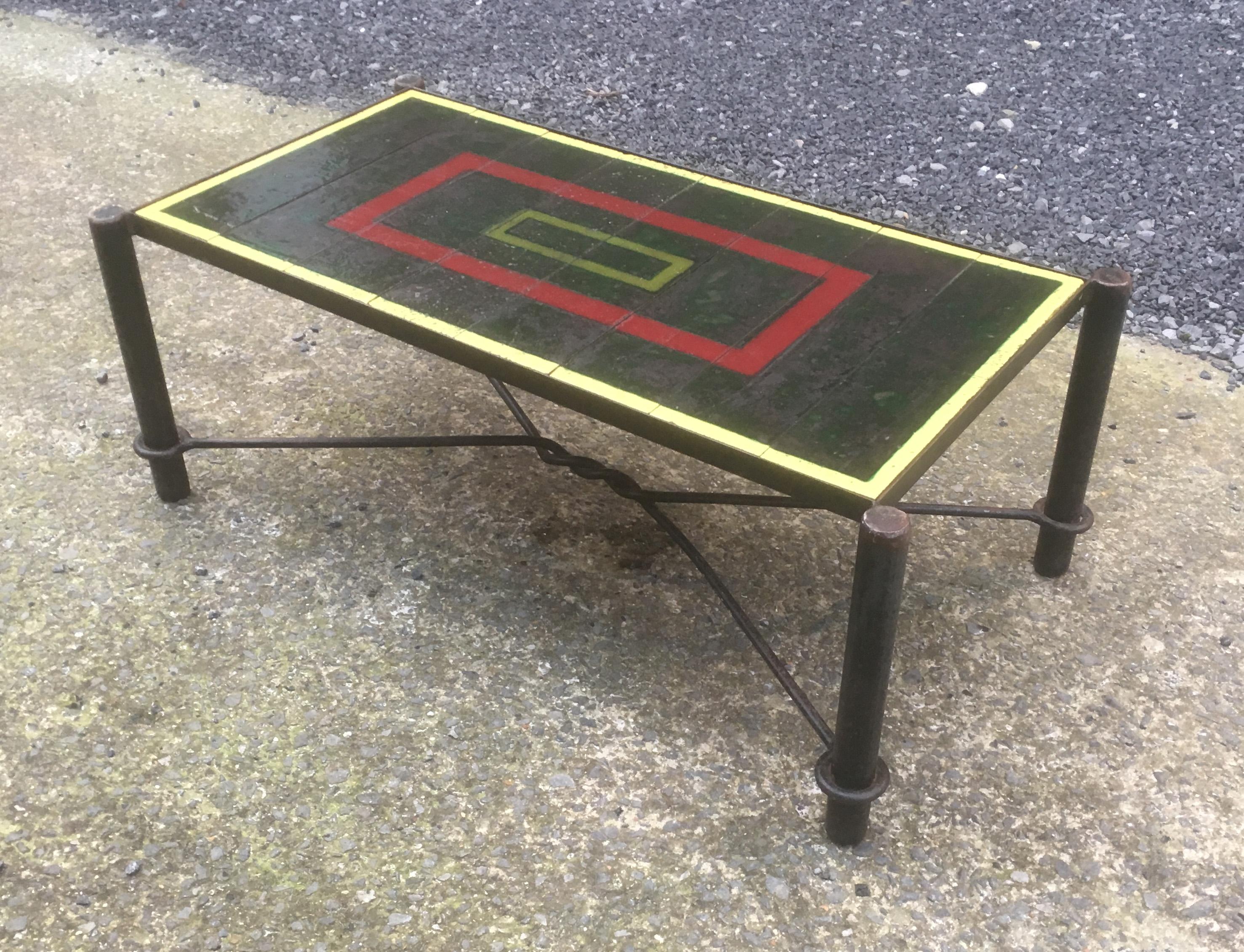 Enameled Jacques Adnet, Art Deco Coffee Table in Lacquered Metal, Tray Composed of Tiles For Sale