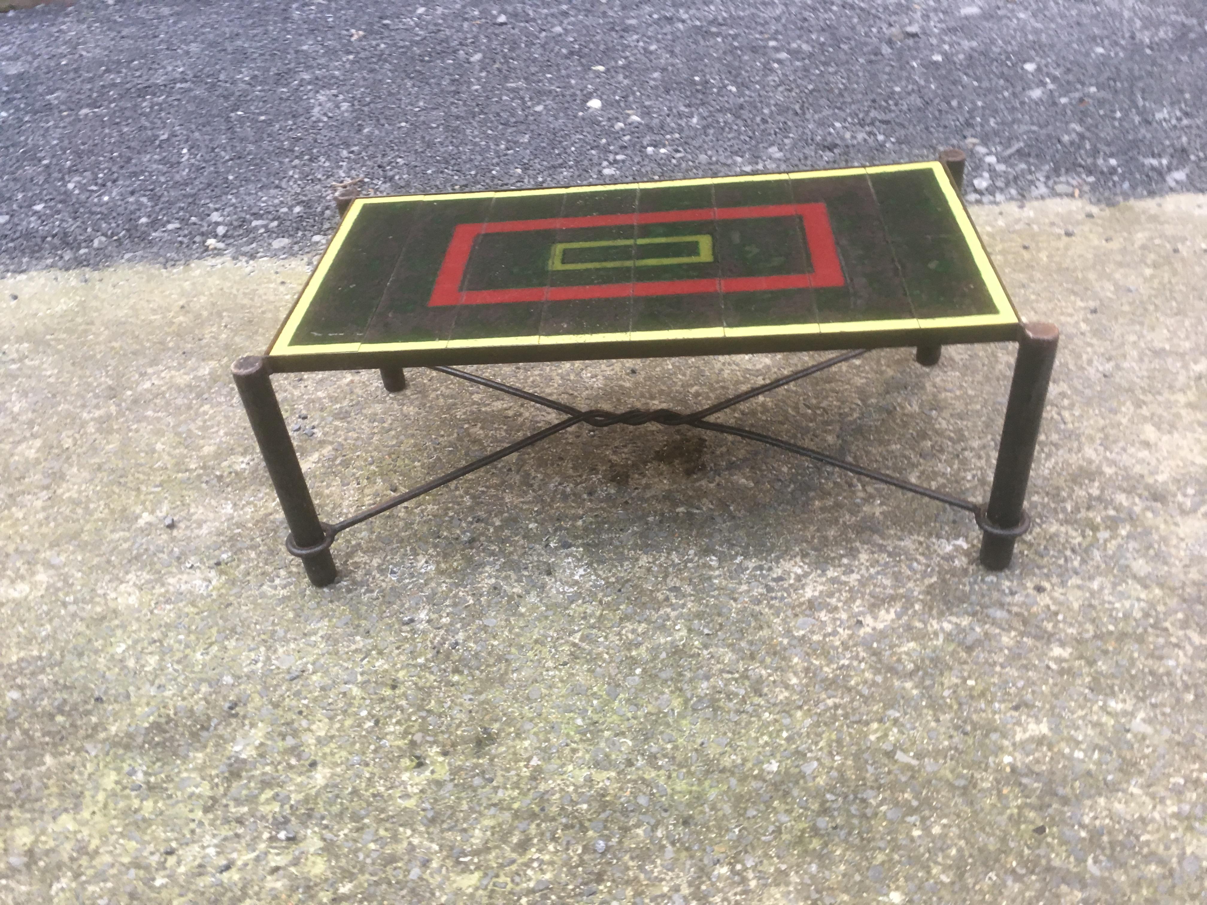 Mid-20th Century Jacques Adnet, Art Deco Coffee Table in Lacquered Metal, Tray Composed of Tiles For Sale