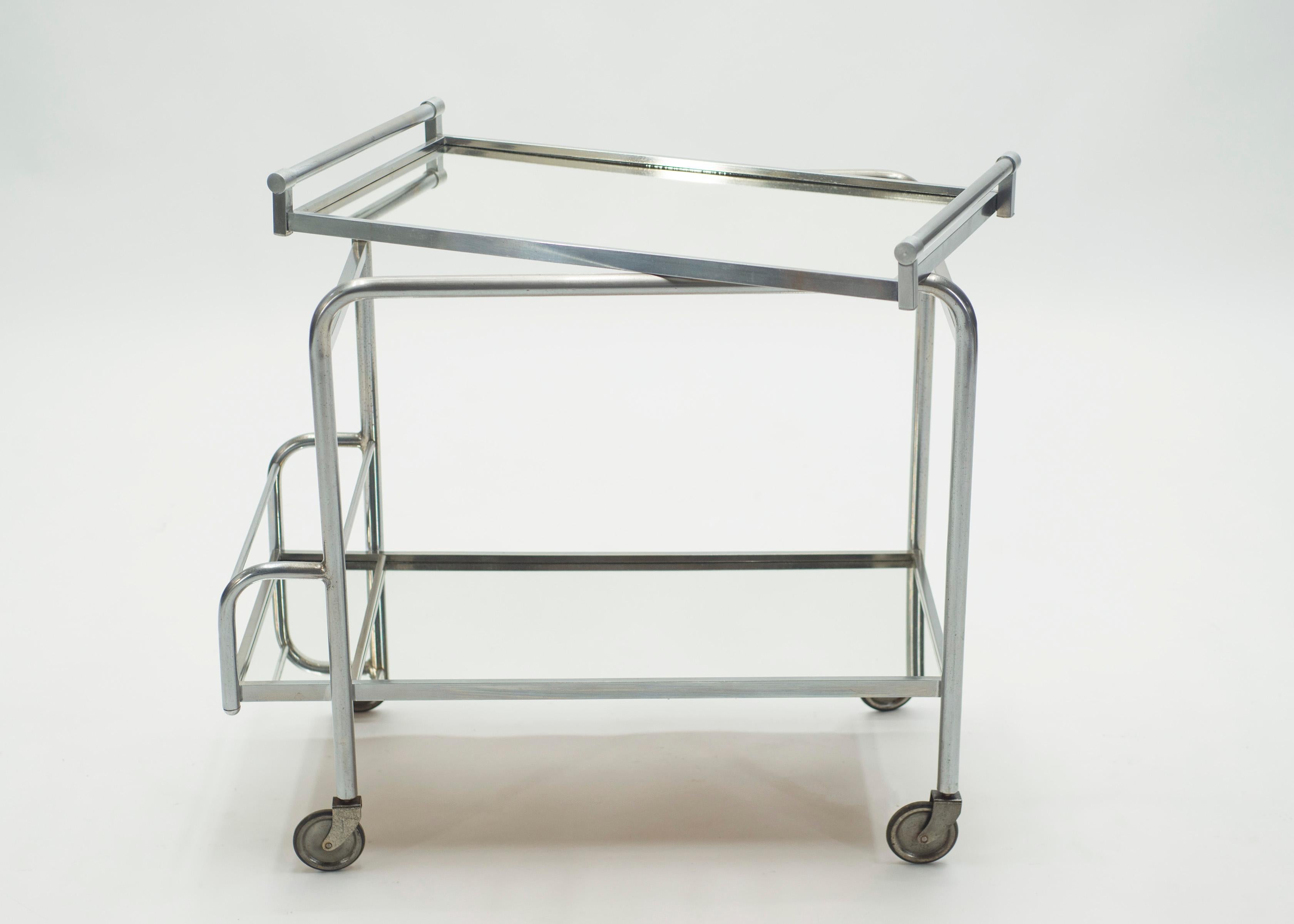 French Jacques Adnet Art Deco Mirrored Bar Cart Trolley, 1930s