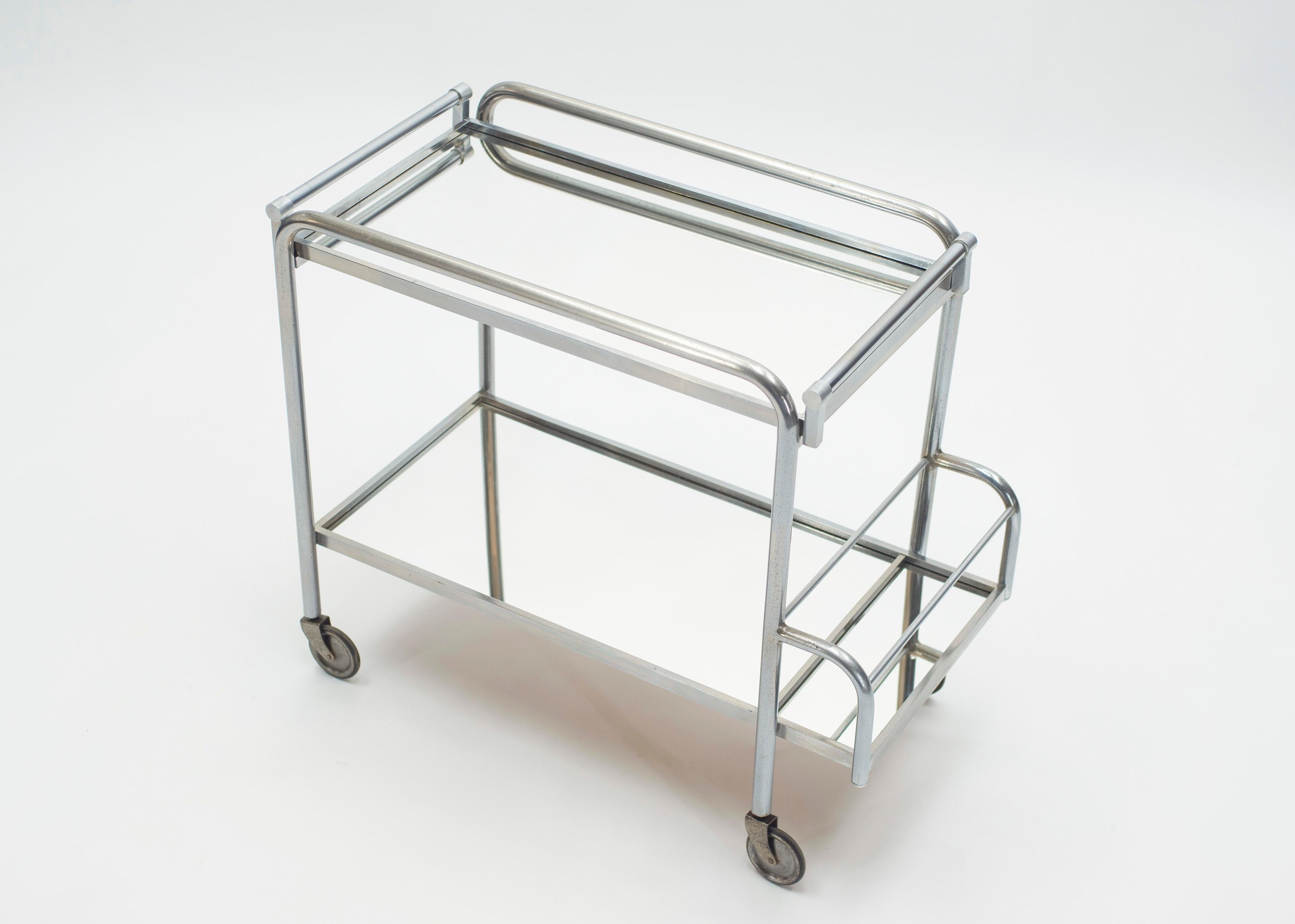 Jacques Adnet Art Deco Mirrored Bar Cart Trolley, 1930s In Good Condition In Paris, IDF