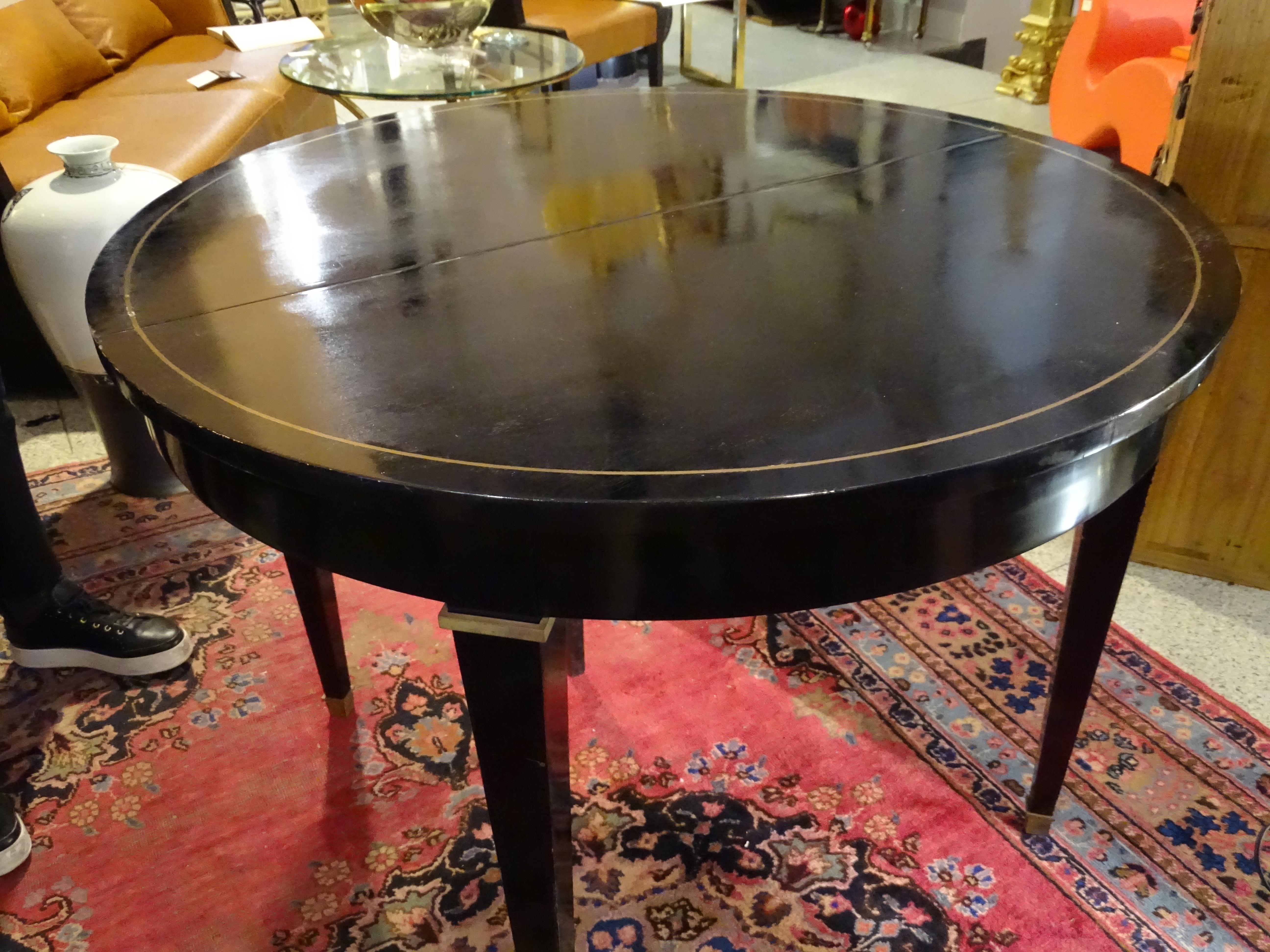 Jacques Adnet Artdeco Black Dinningtable Lacquered Wood Brass Bronze Round 6