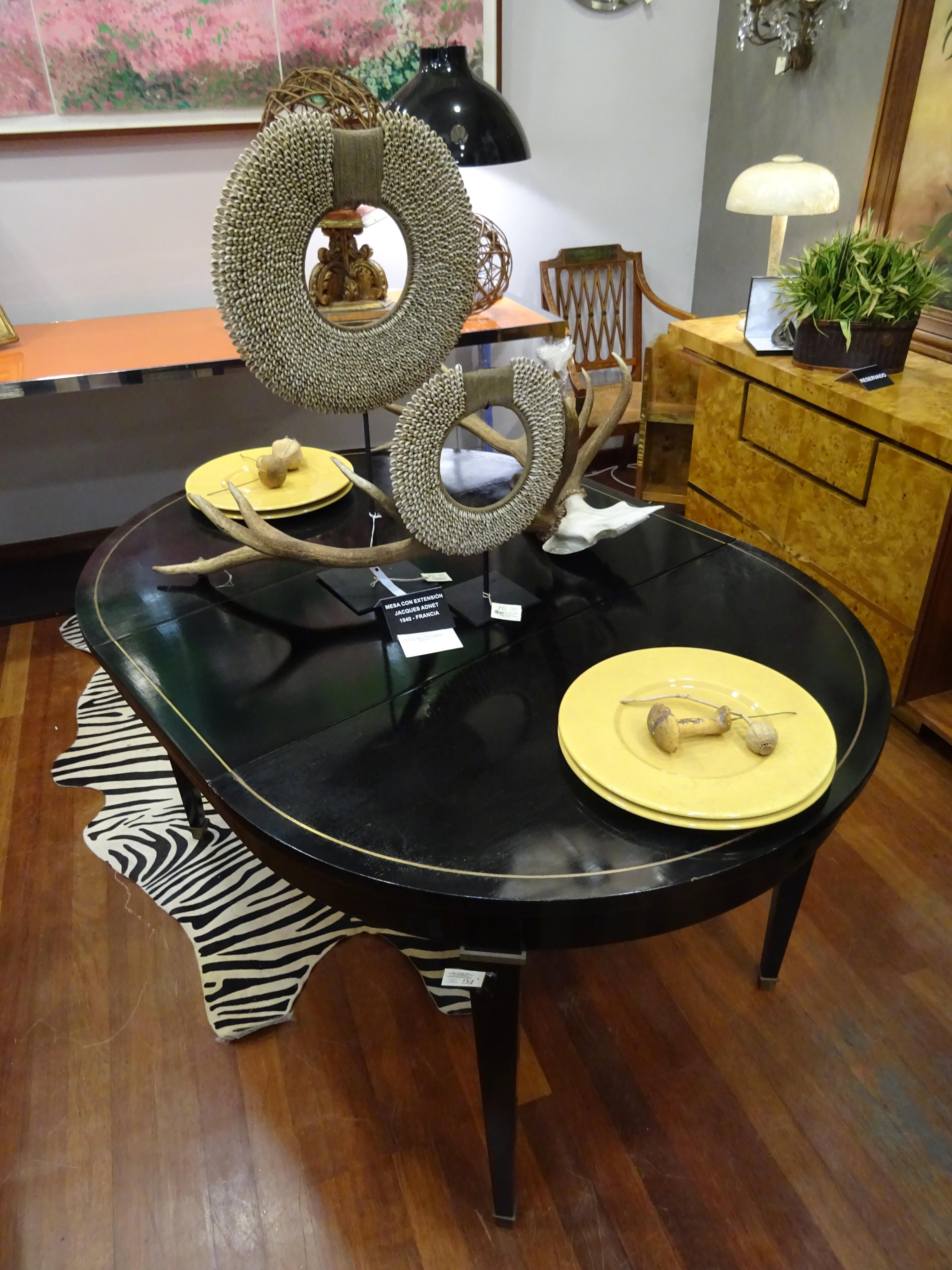 Jacques Adnet Artdeco Black Dinningtable Lacquered Wood Brass Bronze Round 3