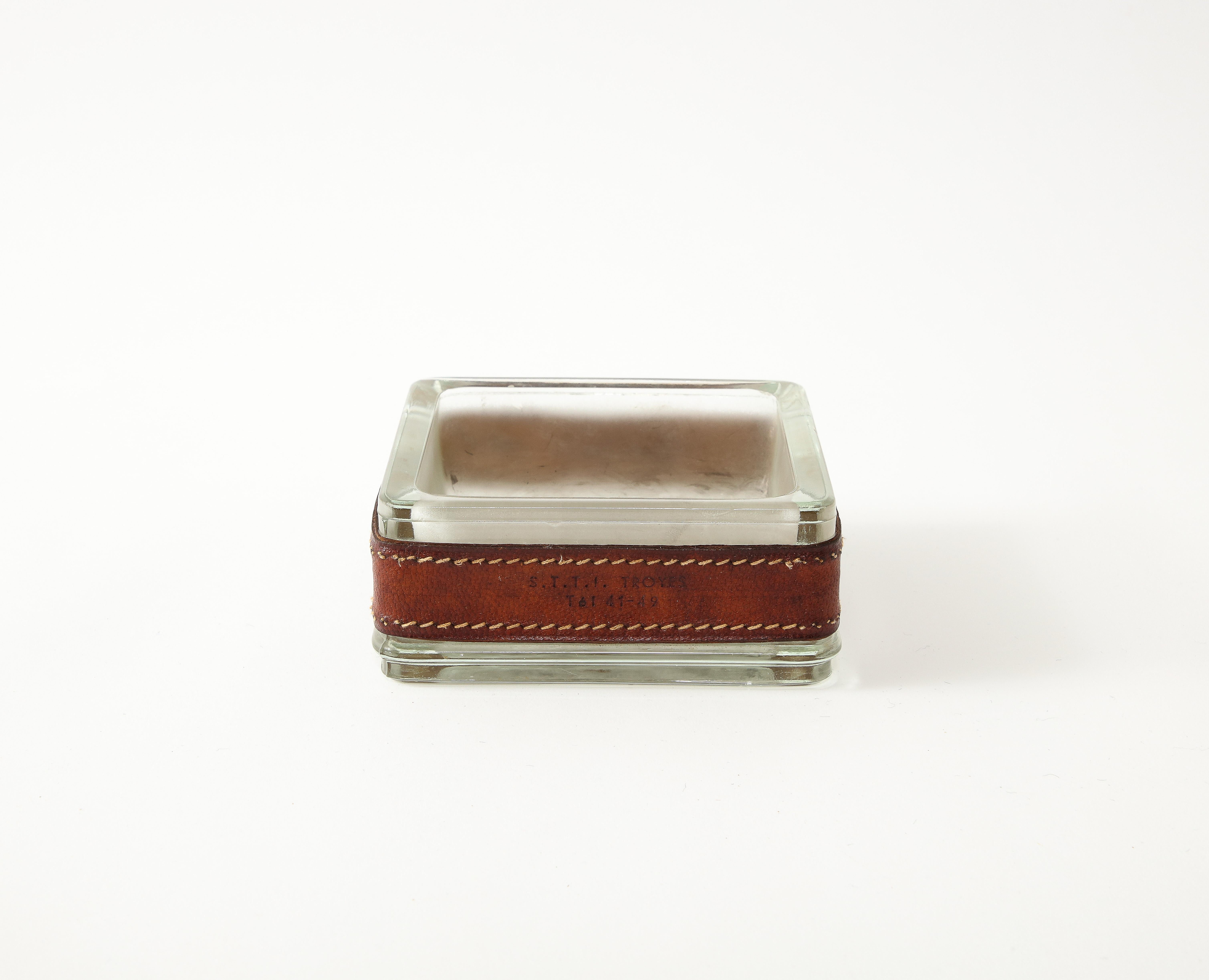 Jacques Adnet Ashtray in Leather & Glass, France 1950's In Good Condition In New York, NY