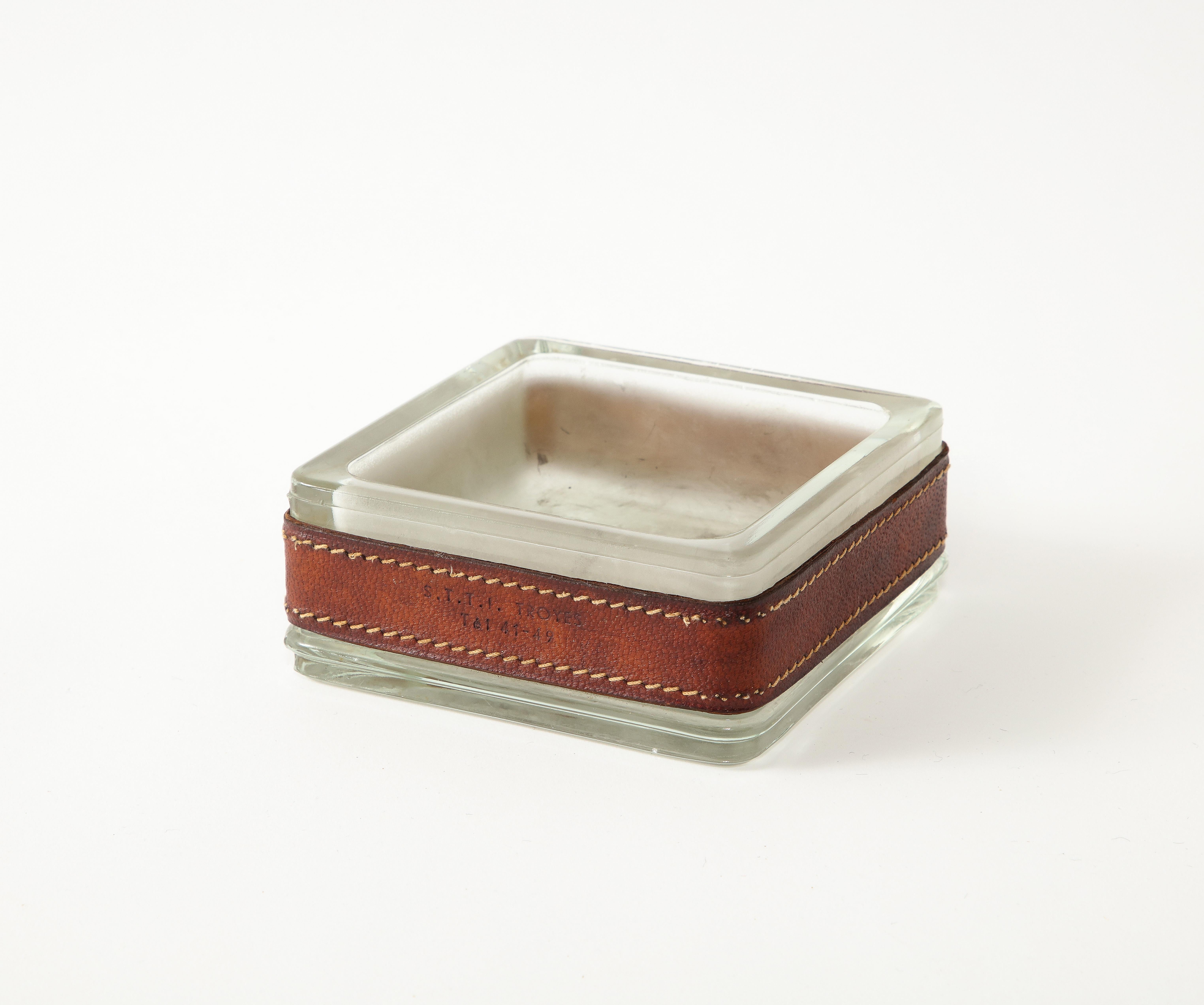 Jacques Adnet Ashtray in Leather & Glass, France 1950's 1