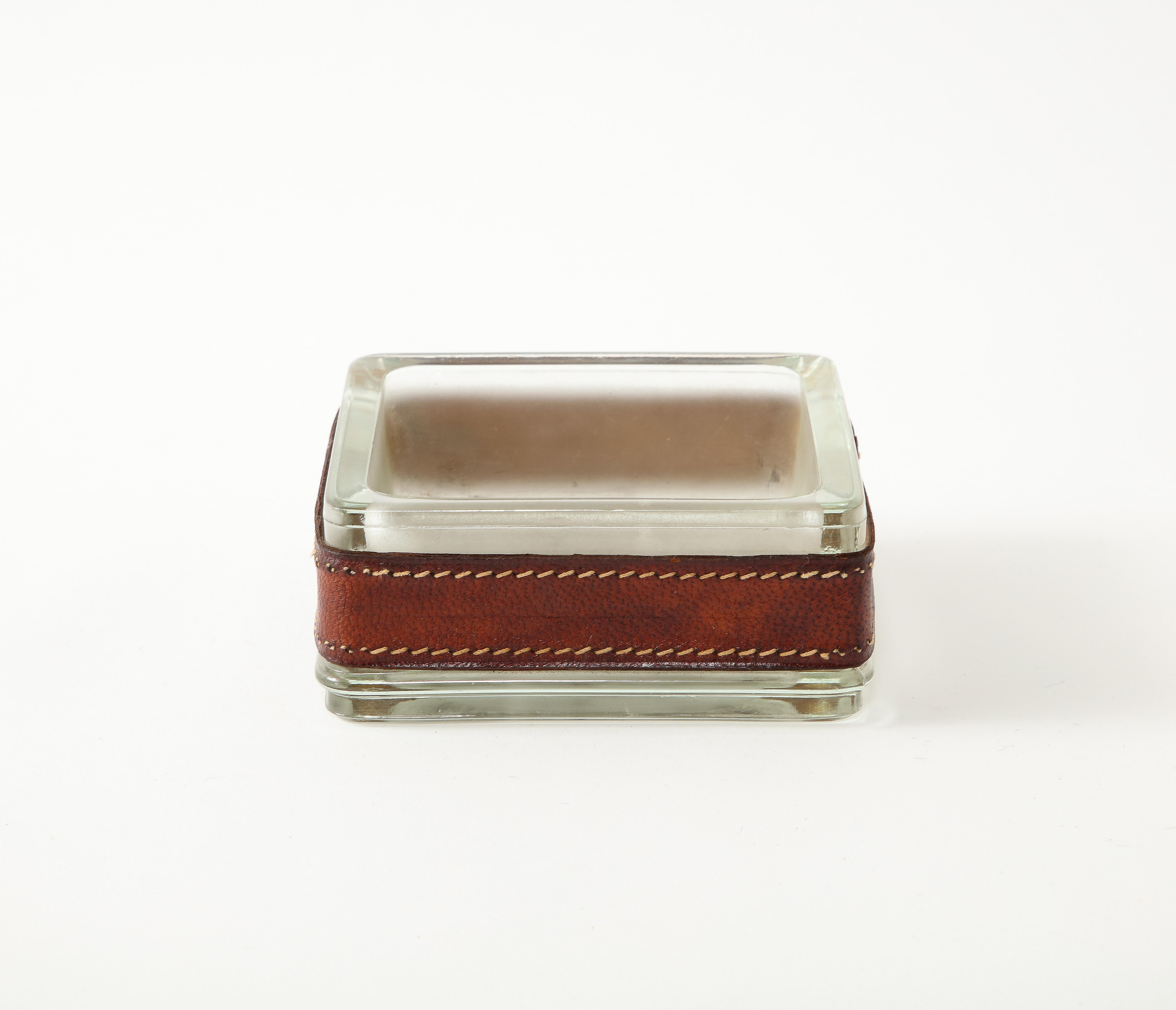 Jacques Adnet Ashtray in Leather & Glass, France 1950's 2