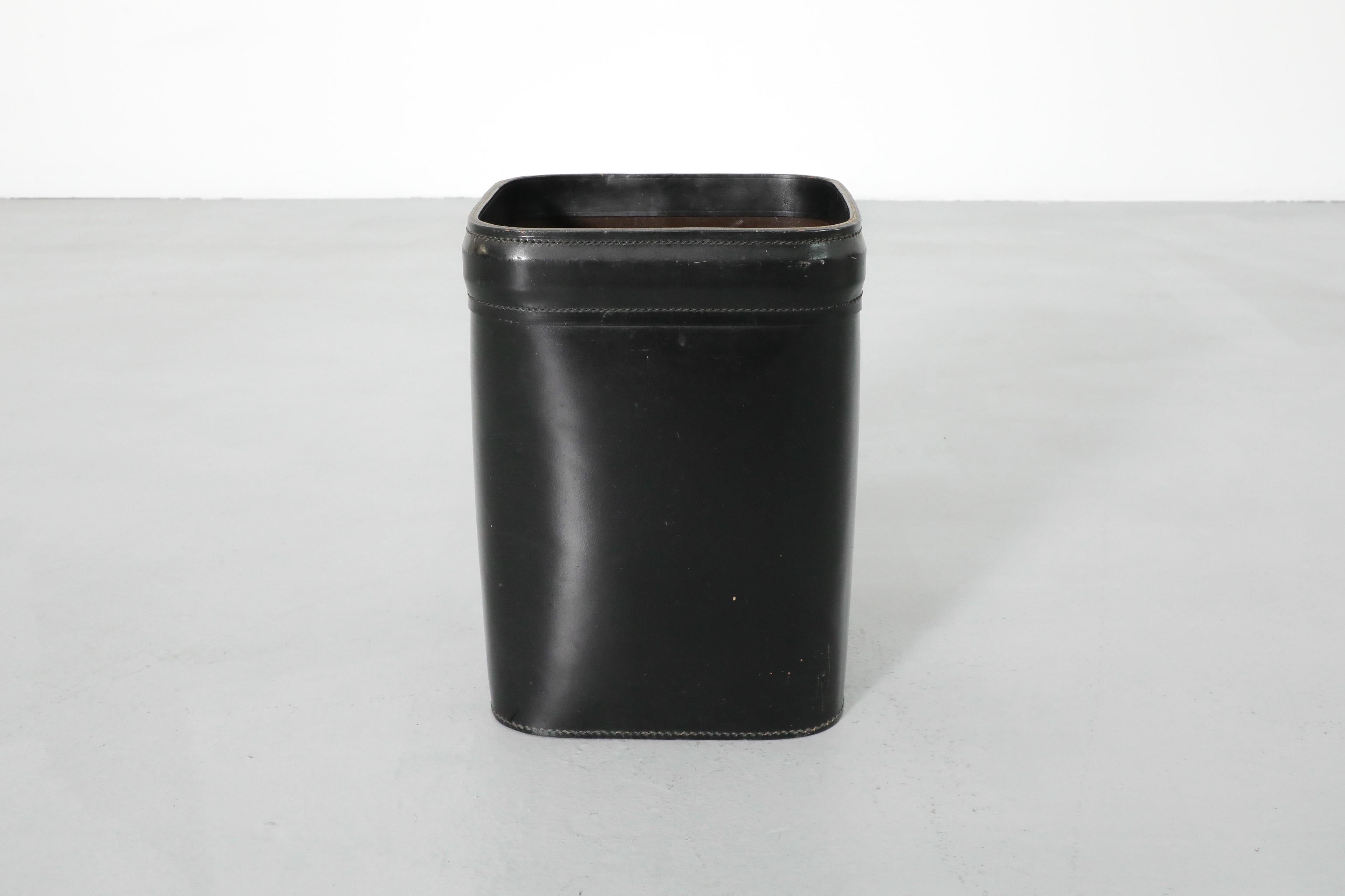 Jacques Adnet (attr) Black Leather Waste Basket For Sale 4