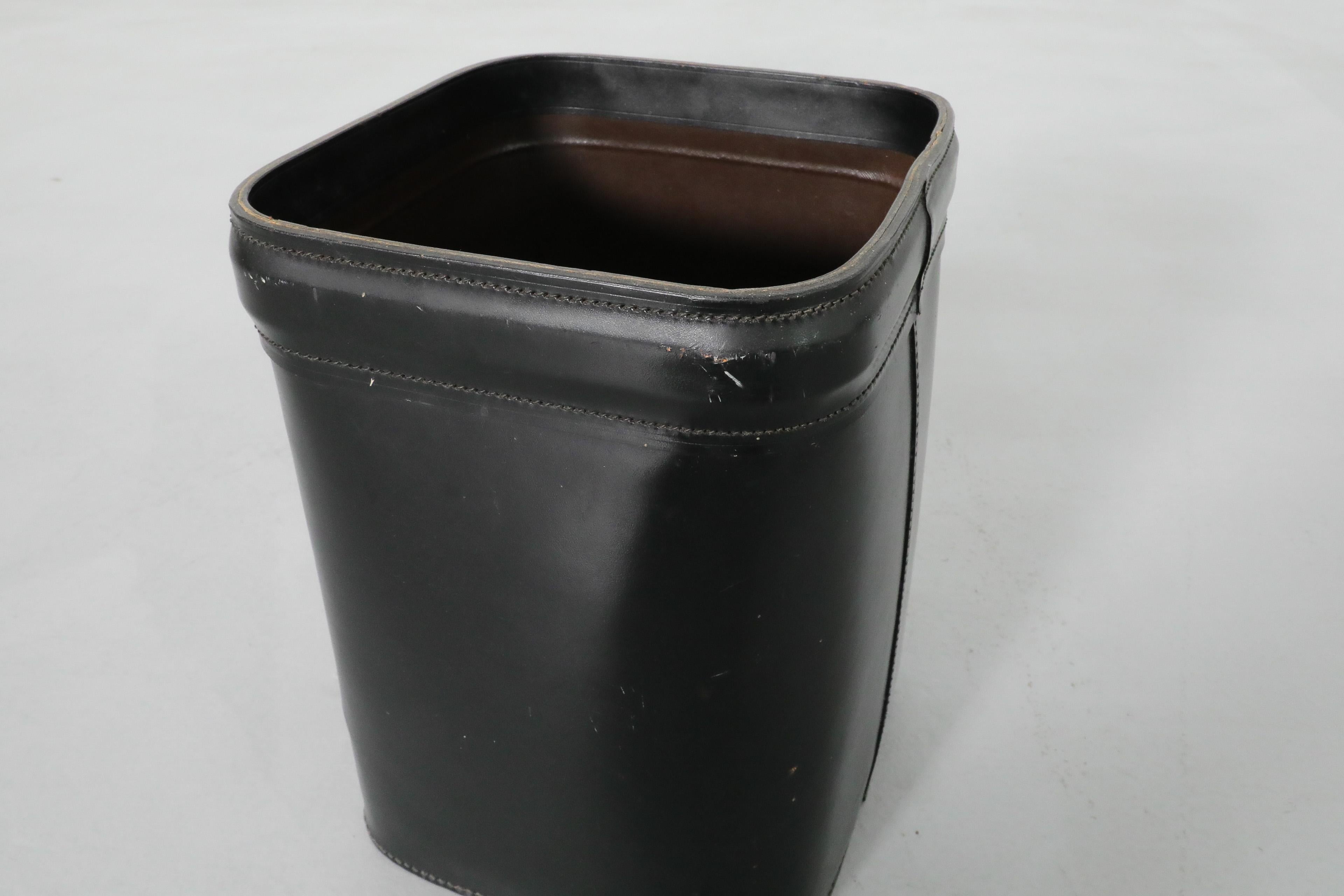 Jacques Adnet (attr) Black Leather Waste Basket For Sale 7