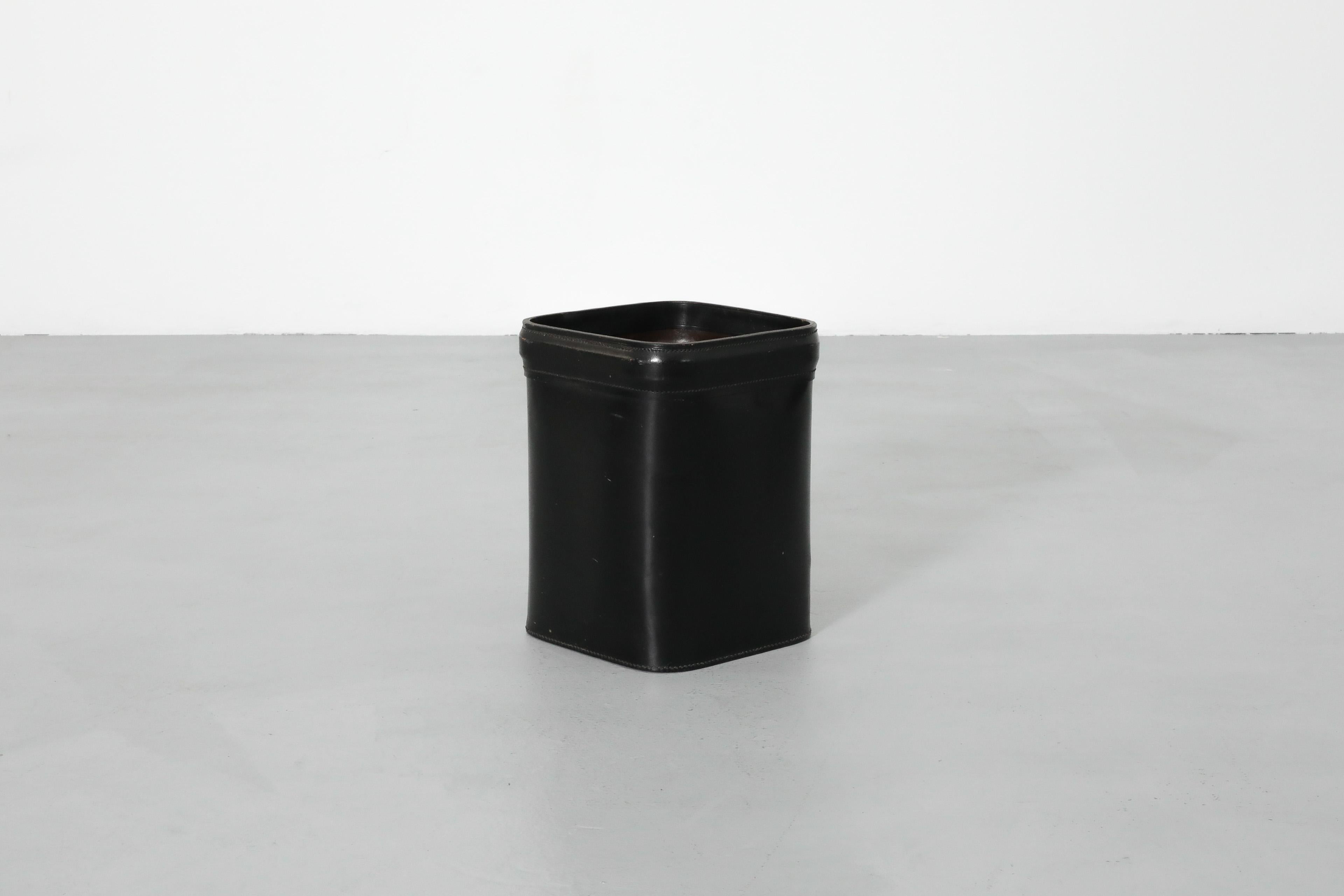 Mid-Century Modern Jacques Adnet (attr) Black Leather Waste Basket For Sale