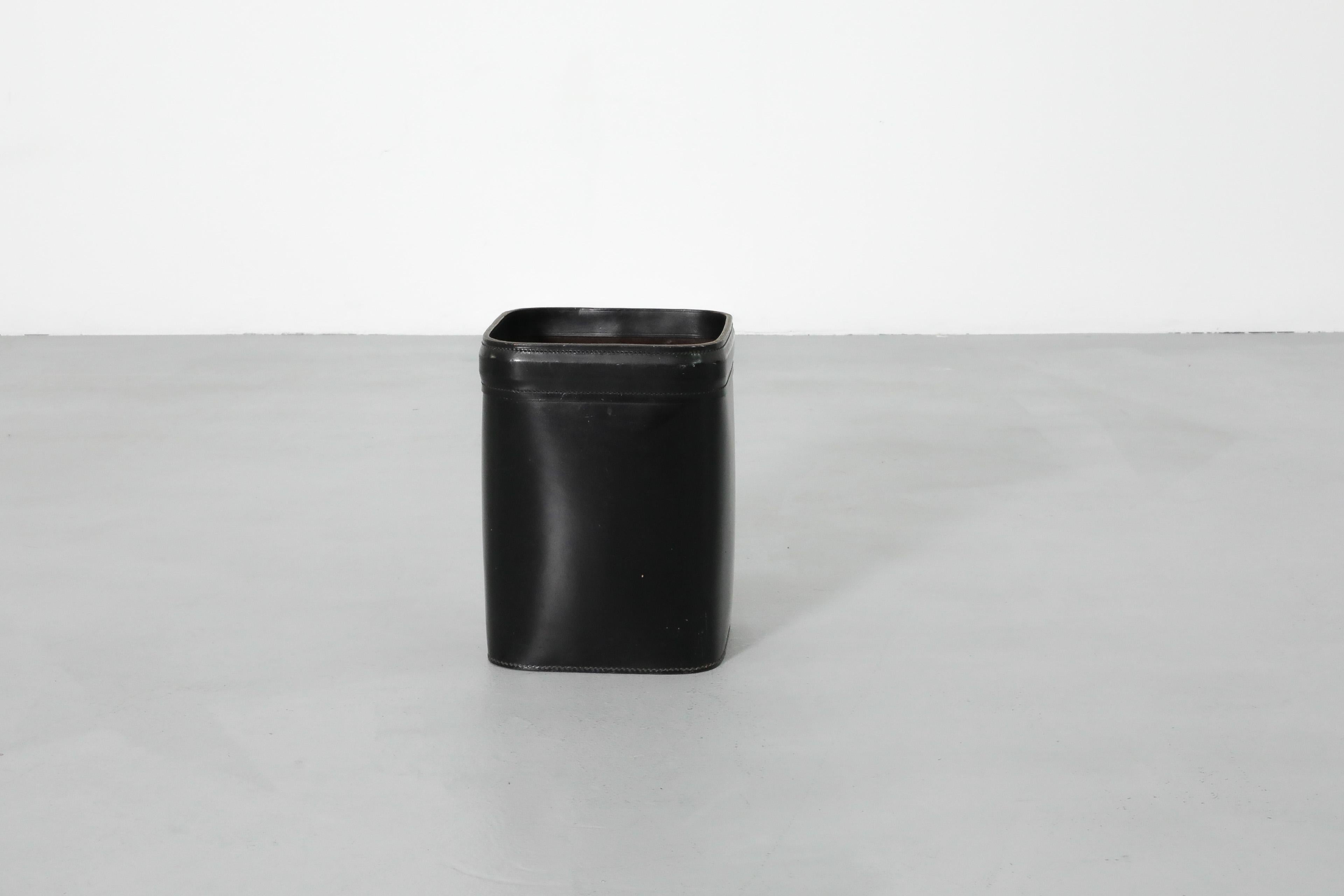 French Jacques Adnet (attr) Black Leather Waste Basket For Sale