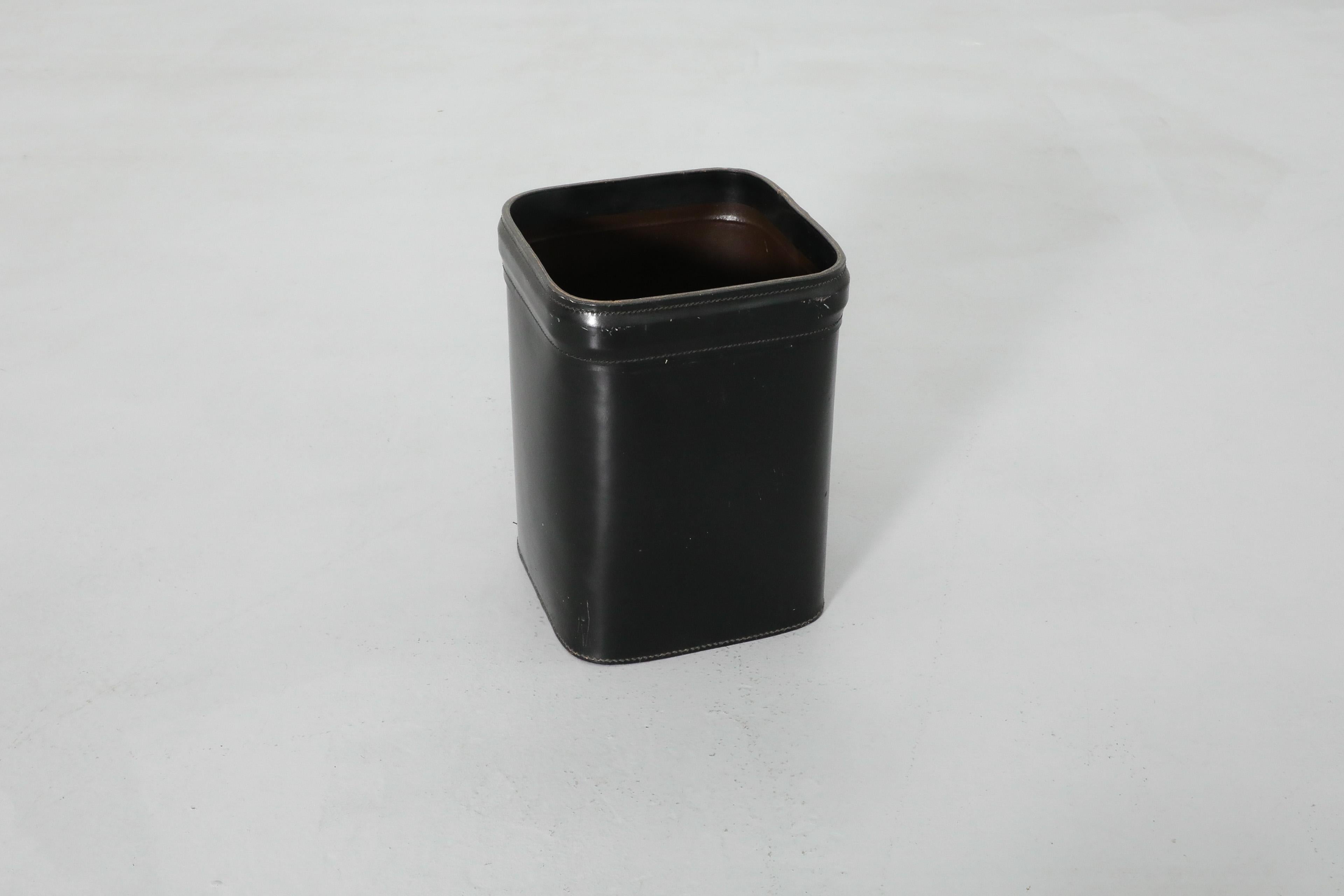 Mid-20th Century Jacques Adnet (attr) Black Leather Waste Basket For Sale