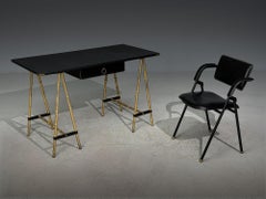 Jacques Adnet attr., Desk and Folding Chair, Black Leather, Brass, France, 1950s