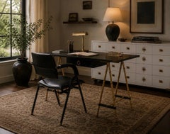 Jacques Adnet attr., Desk and Folding Chair, Black Leather, Brass, France, 1950s