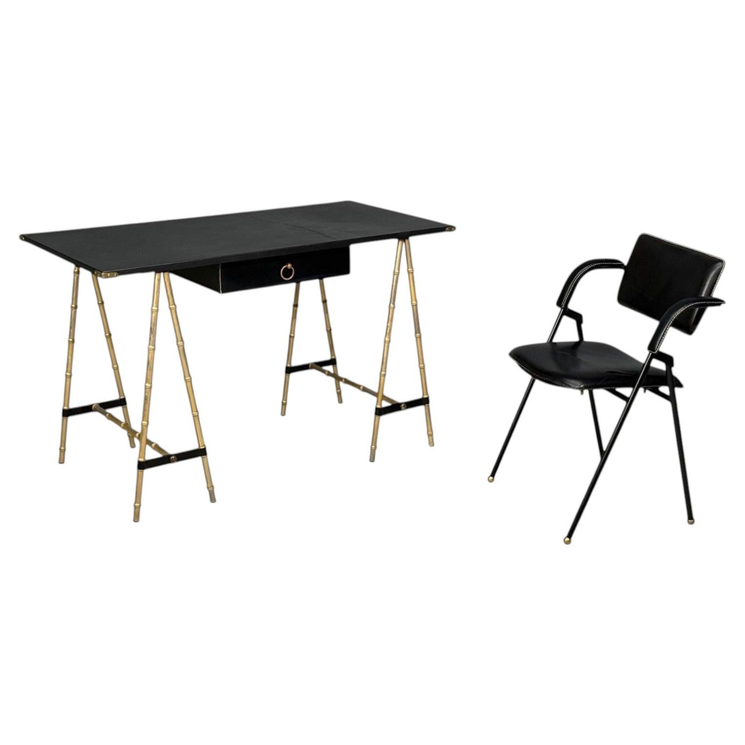 Jacques Adnet attr., Desk and Folding Chair, Black Leather, Brass, France, 1950s For Sale
