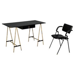 Jacques Adnet attr., Desk and Folding Chair, Black Leather, Brass, France, 1950s