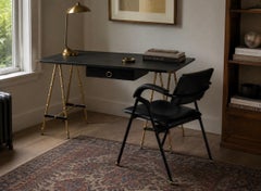 Jacques Adnet attr., Folding Chair, Black Leather, Brass, France, 1950s