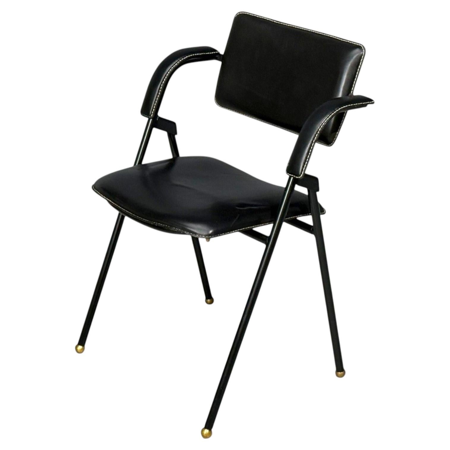 Jacques Adnet attr., Folding Chair, Black Leather, Brass, France, 1950s For Sale