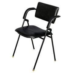 Jacques Adnet attr., Folding Chair, Black Leather, Brass, France, 1950s