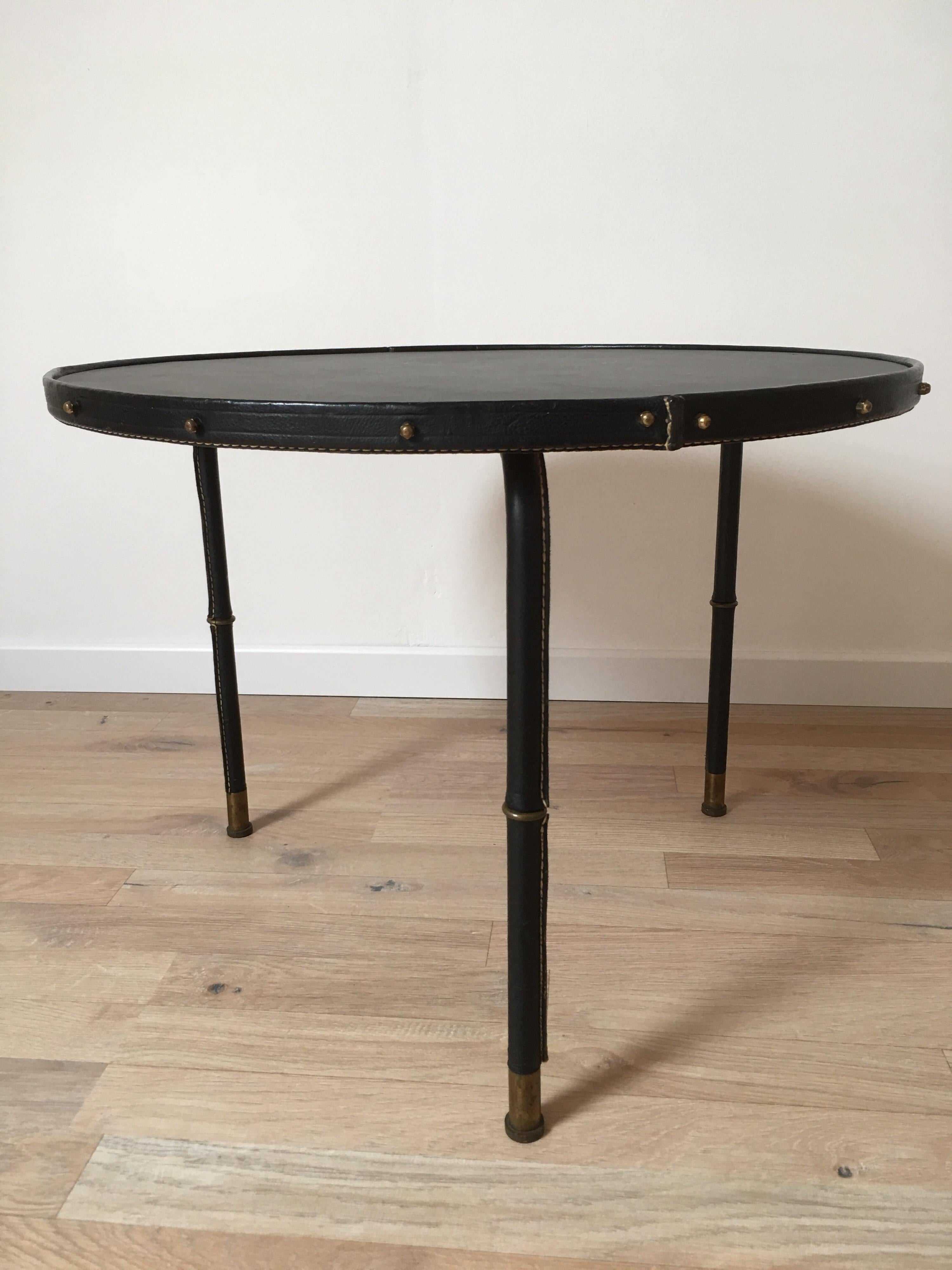 Mid-Century Modern Jacques Adnet Attributed Bambou Design Legs and Black Leather Low Table, 1950s For Sale