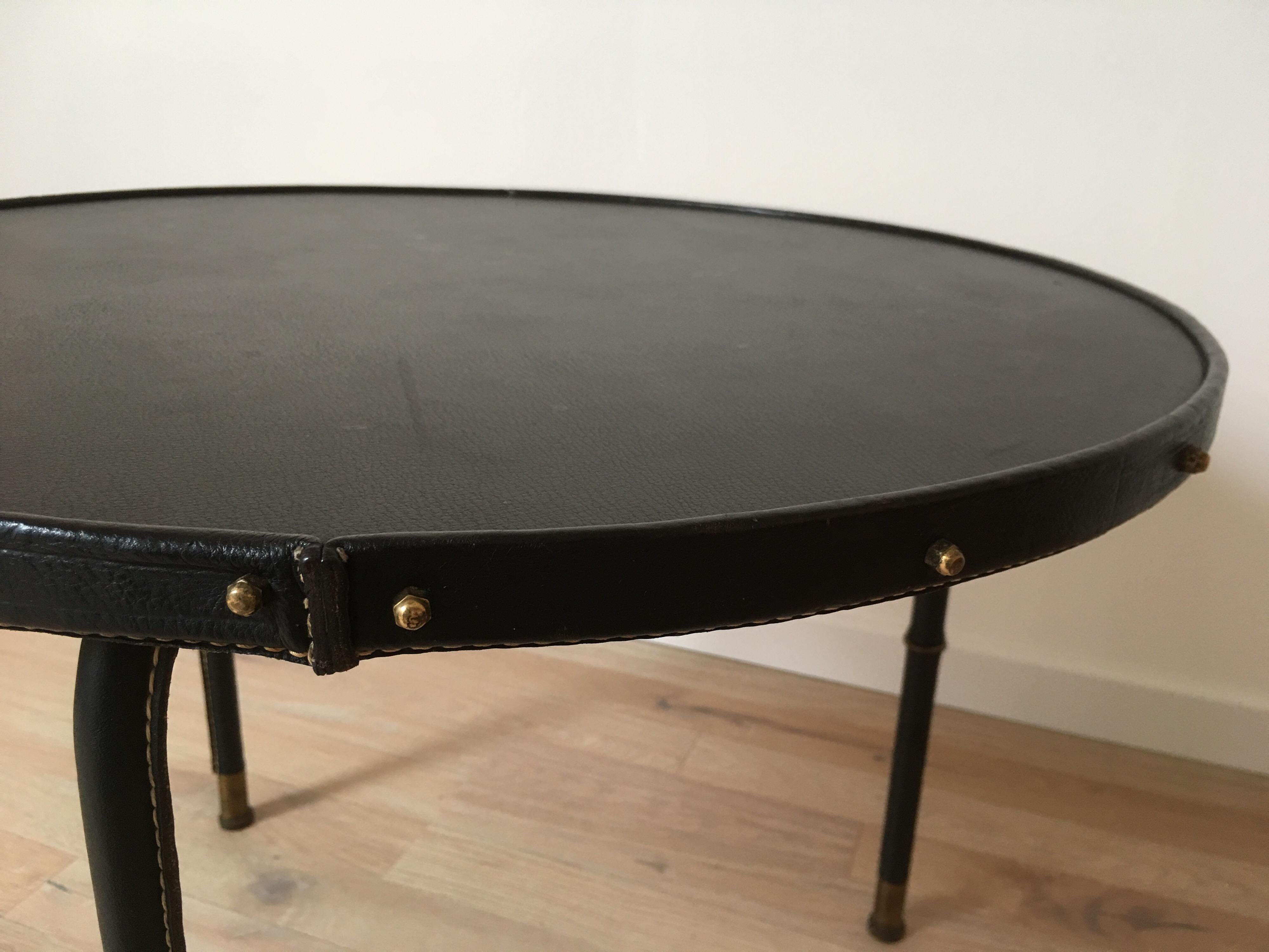 Mid-20th Century Jacques Adnet Attributed Bambou Design Legs and Black Leather Low Table, 1950s For Sale