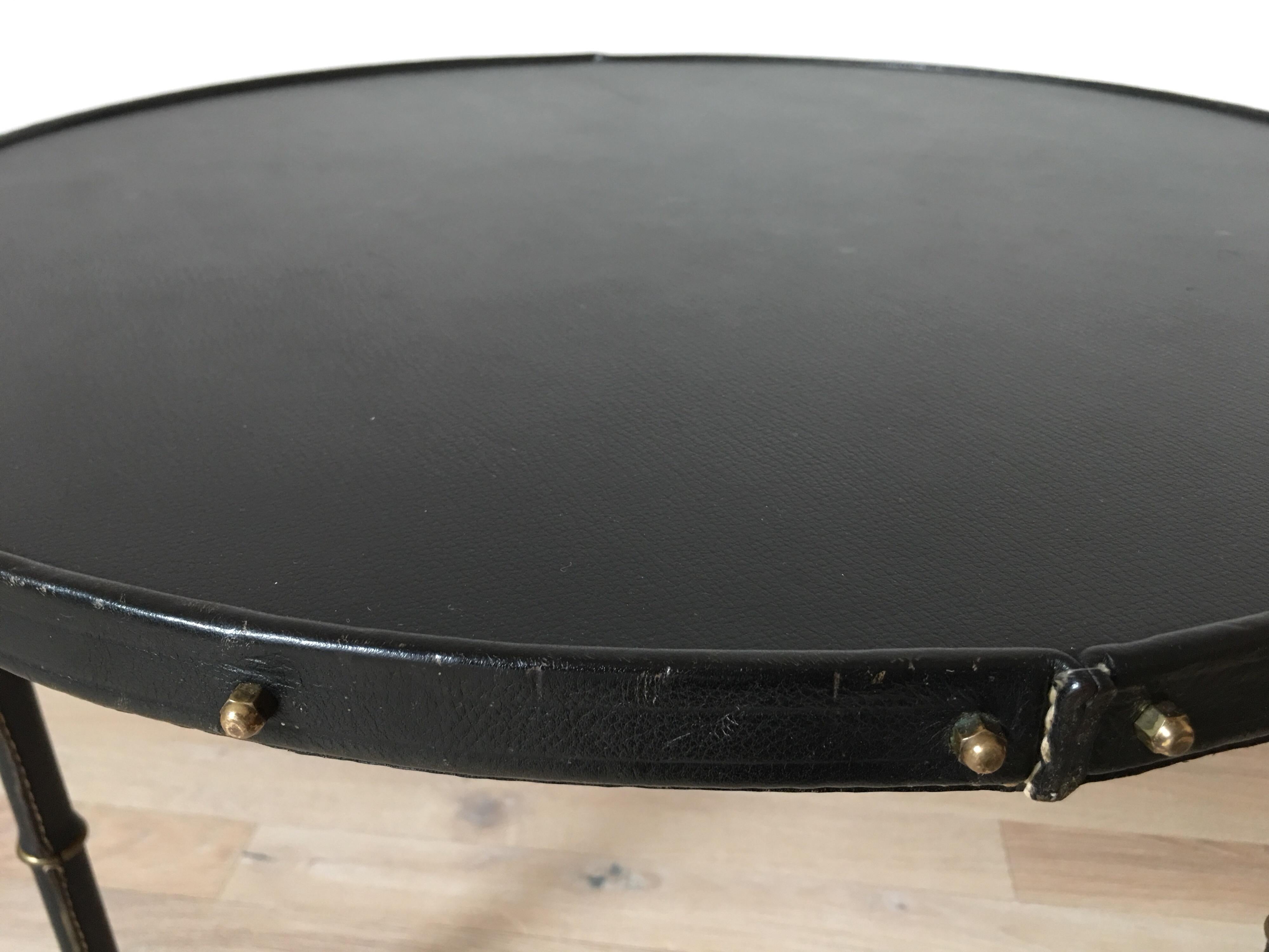 Brass Jacques Adnet Attributed Bambou Design Legs and Black Leather Low Table, 1950s For Sale