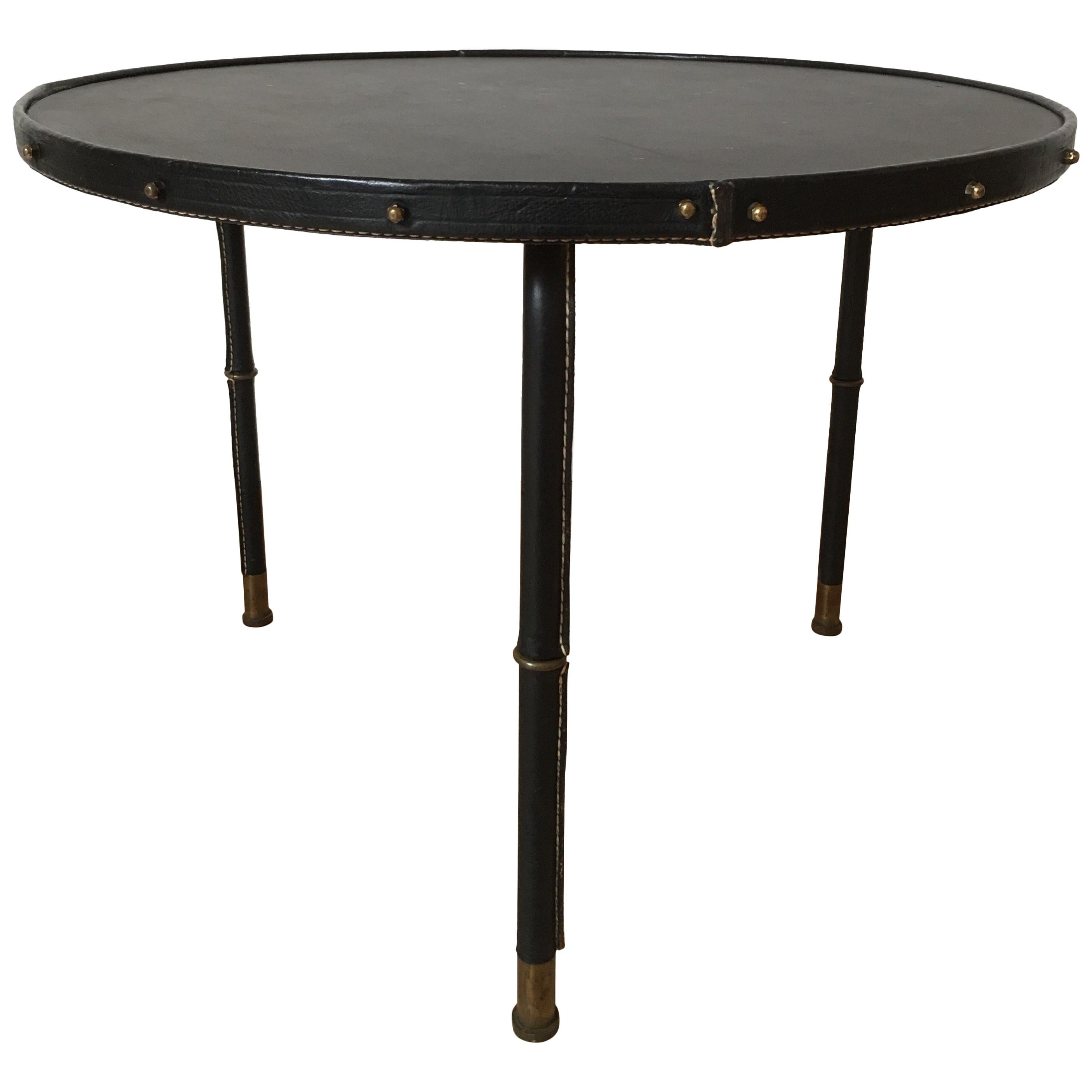 Jacques Adnet Attributed Bambou Design Legs and Black Leather Low Table, 1950s For Sale