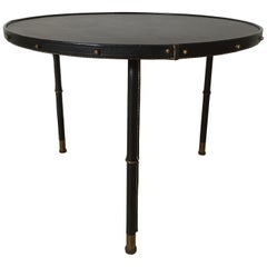 Vintage Jacques Adnet Attributed Bambou Design Legs and Black Leather Low Table, 1950s