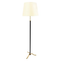 Jacques Adnet Attributed Black Leather and Brass Tripod Floor Lamp