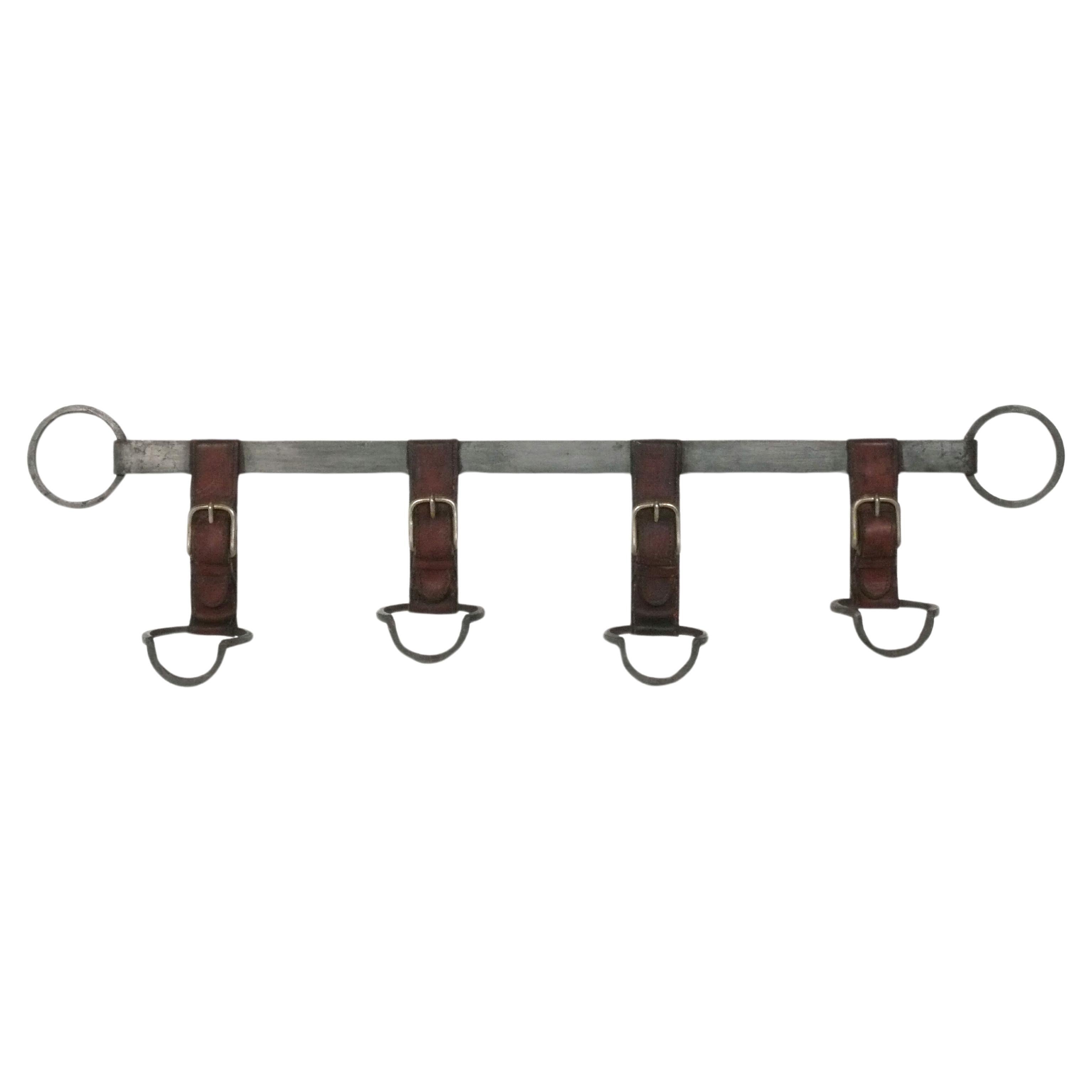 Jacques Adnet Attributed Stitched Leather Coat Rack French Art Deco 41"W For Sale