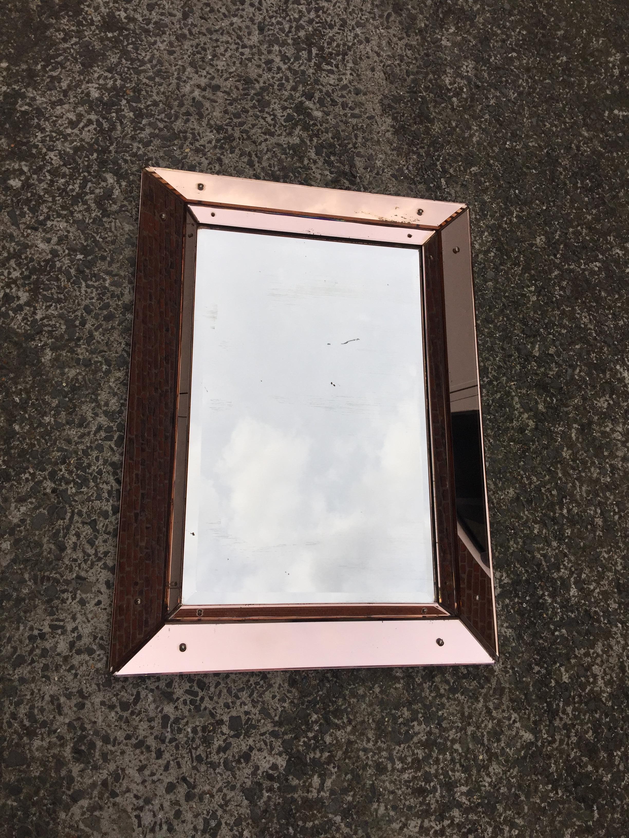 French Jacques Adnet 'Attributed to' Art Deco Mirror in Pink Glass and Mirror For Sale