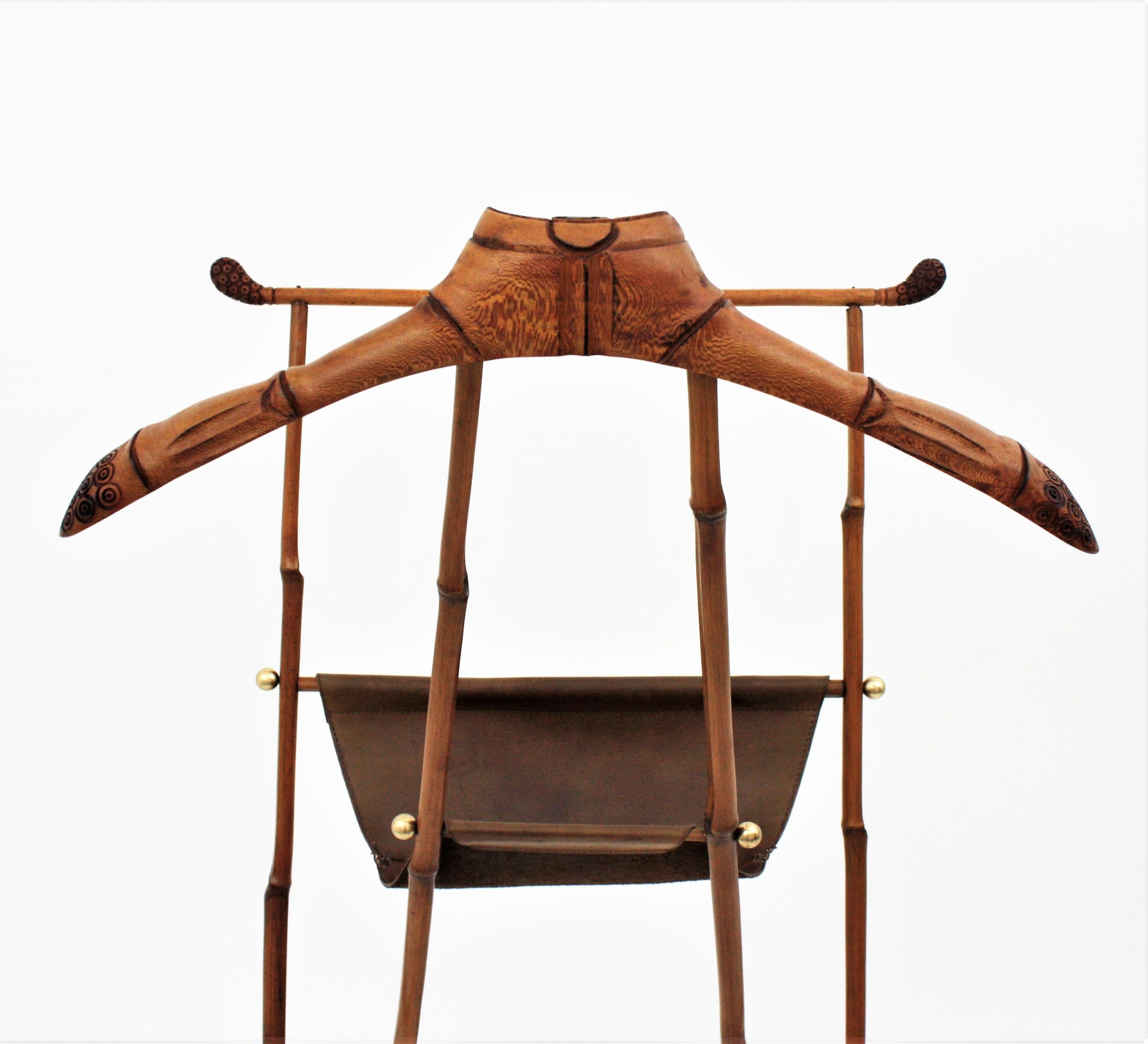 Mid-Century Modern Jacques Adnet Bamboo and Leather Foldable Valet For Sale