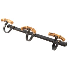 Jacques Adnet Bamboo and Saddle Stitched Black Leather Hanger