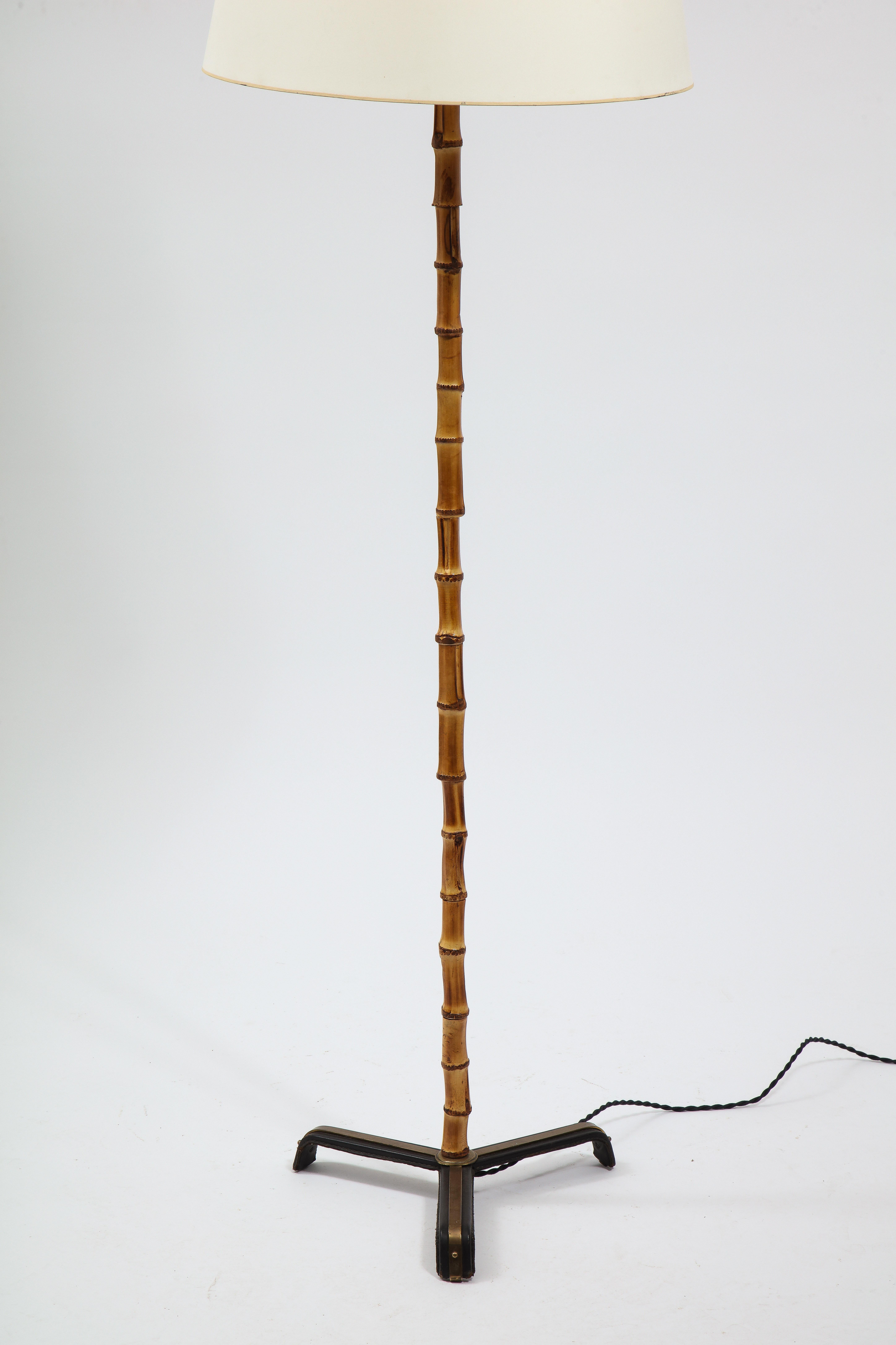Mid-Century Modern Jacques Adnet Bamboo, Brass & Leather Floor Lamp, France, 1950's
