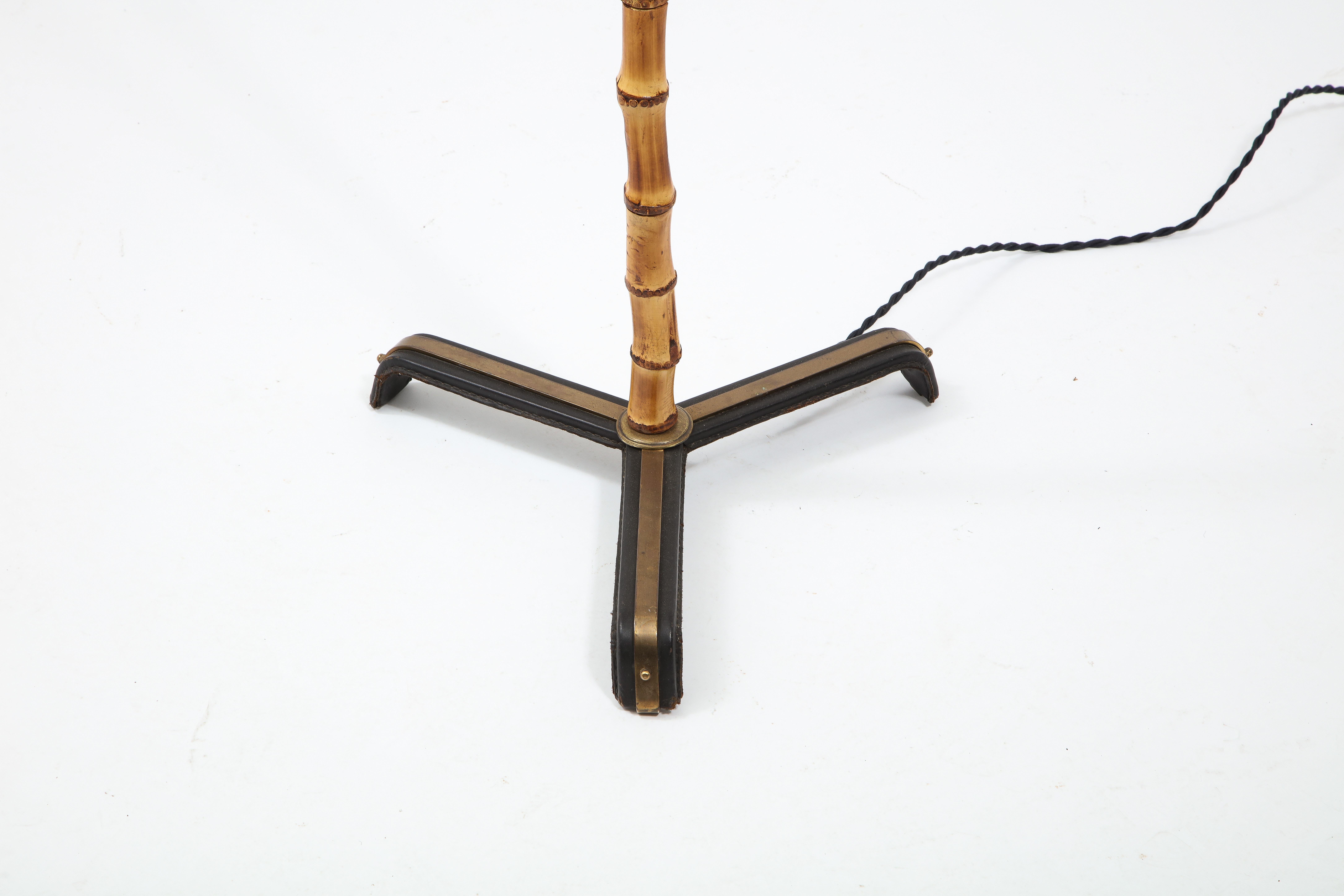 French Jacques Adnet Bamboo, Brass & Leather Floor Lamp, France, 1950's