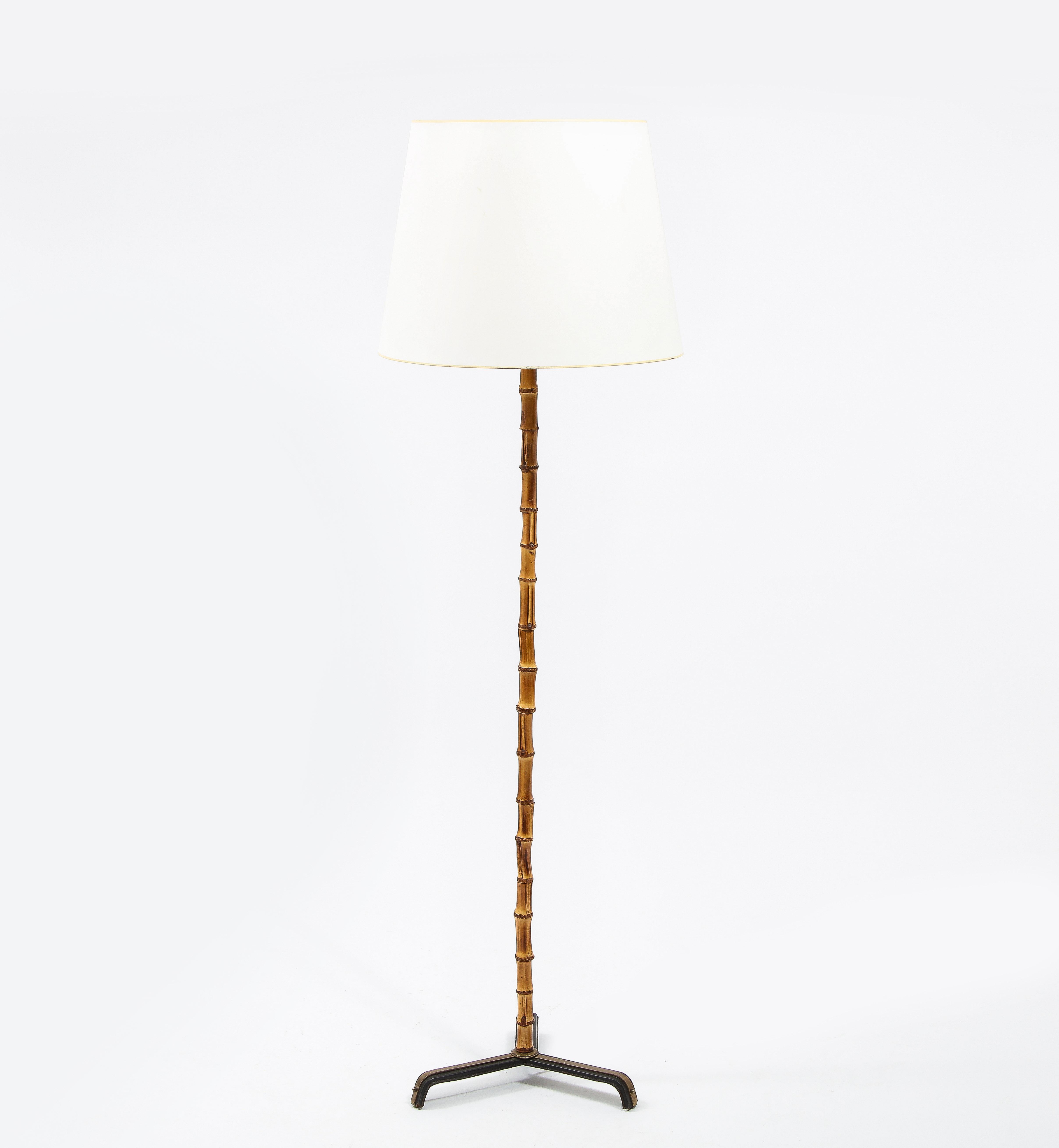 20th Century Jacques Adnet Bamboo, Brass & Leather Floor Lamp, France, 1950's