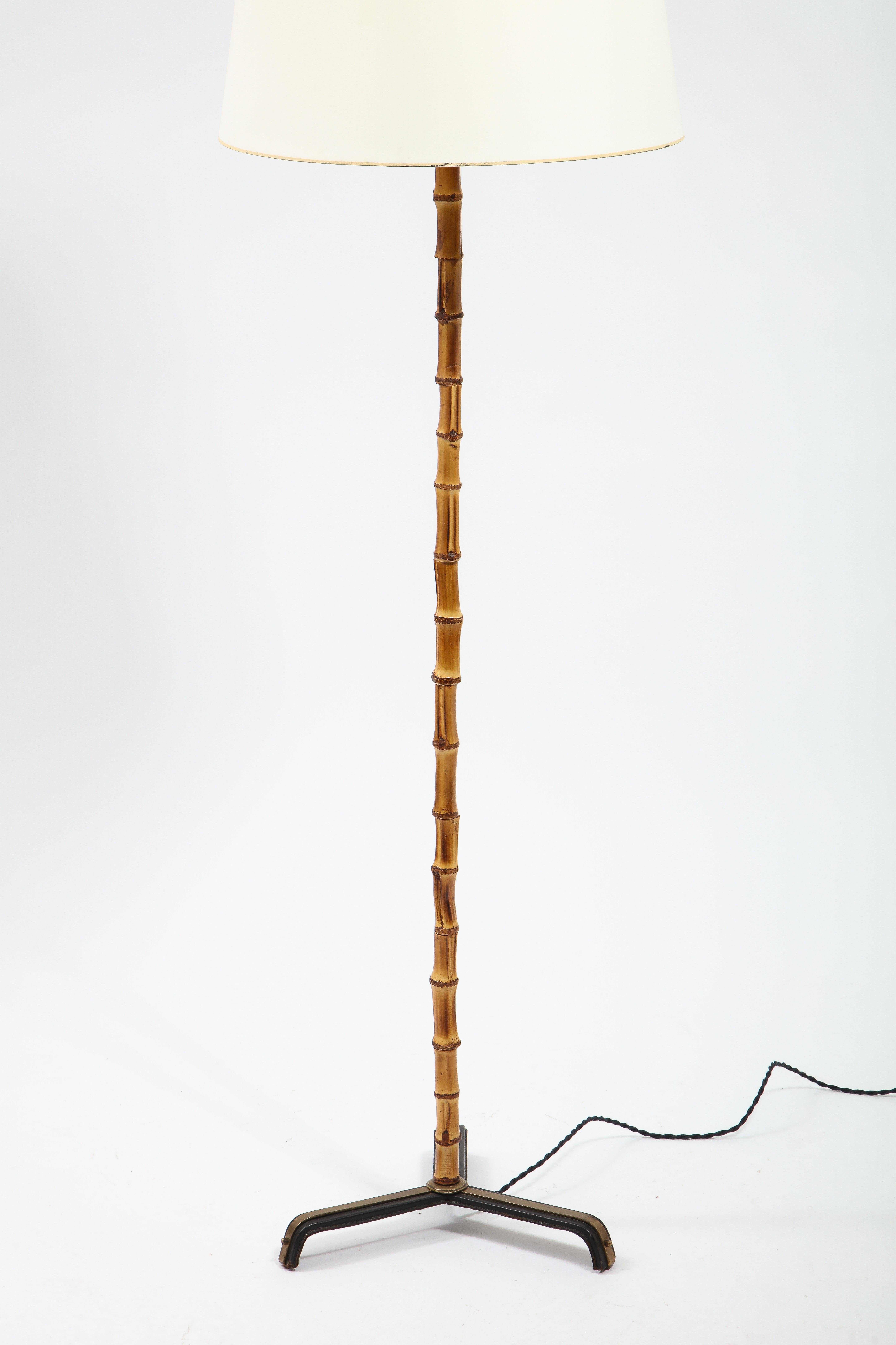 Jacques Adnet Bamboo, Brass & Leather Floor Lamp, France, 1950's 1