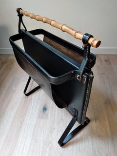 Jacques Adnet Bamboo Wood and Black Leather Magazine Rack, French, 1950