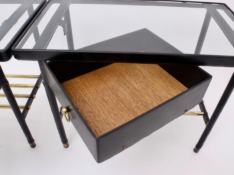 Mid-20th Century Jacques Adnet Bed Side Table in Piqué Sellier Leather Hermes Nightstands For Sale