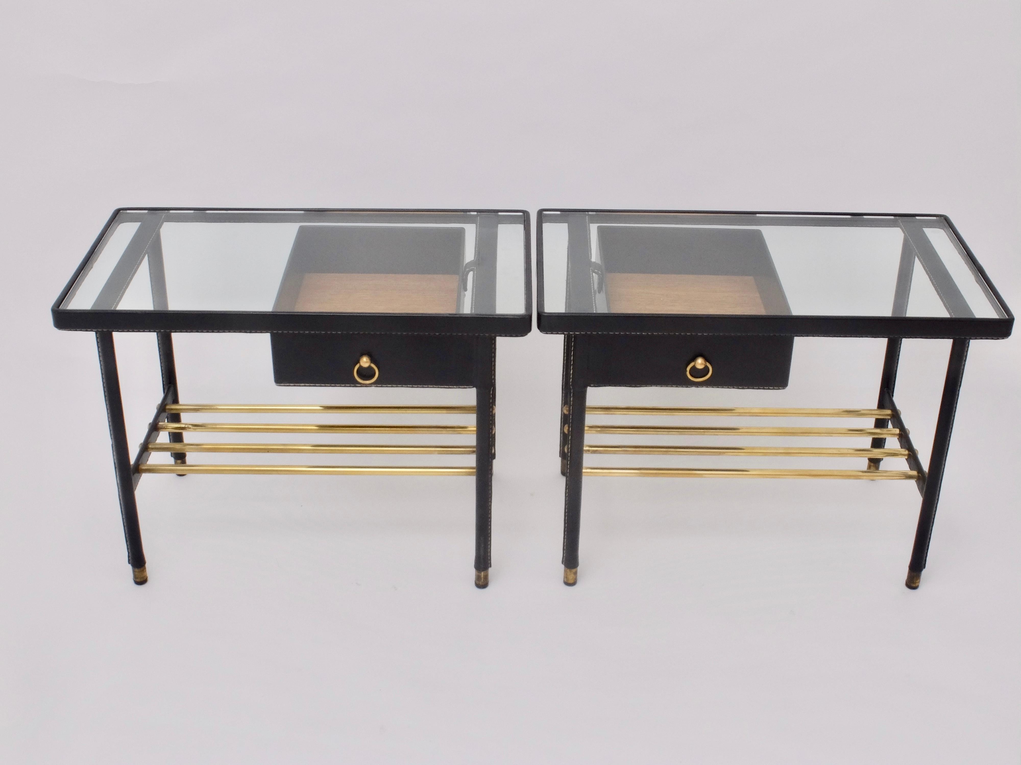 Jacques Adnet Bed Side Table in Piqué Sellier Leather Hermes Nightstands 1