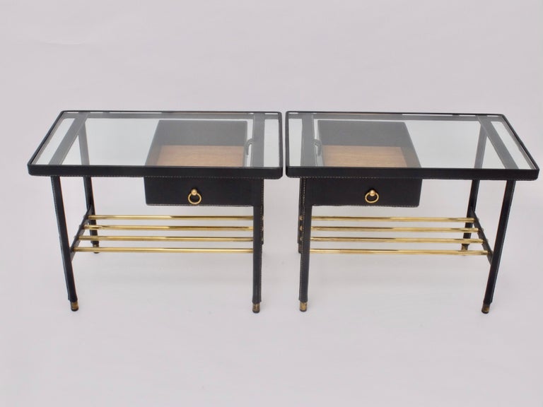 Jacques Adnet Bed Side Table in Piqué Sellier Leather Hermes Nightstands For Sale 1