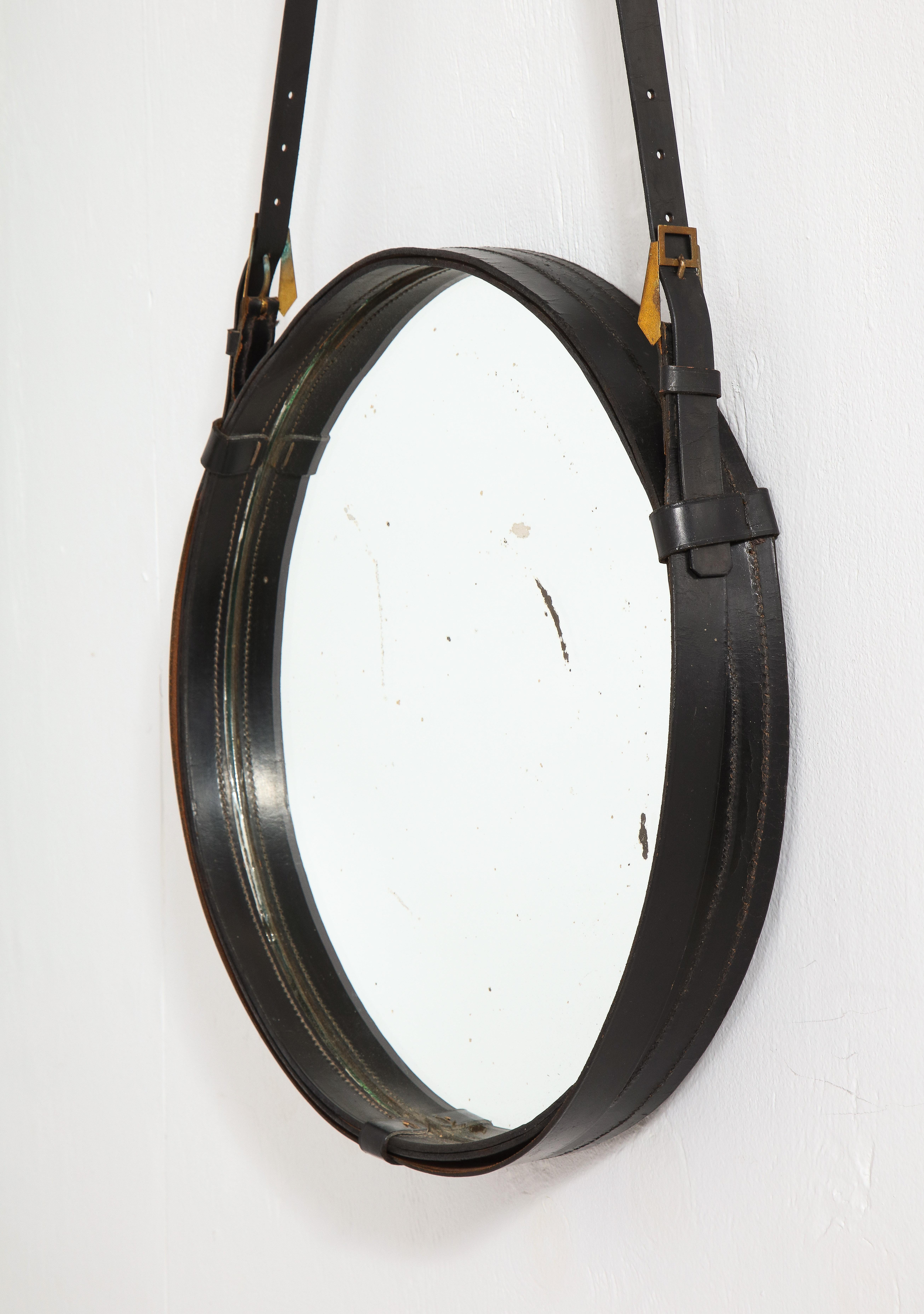 French Jacques Adnet Style Black Leather Belt Mirror, France 1960's For Sale