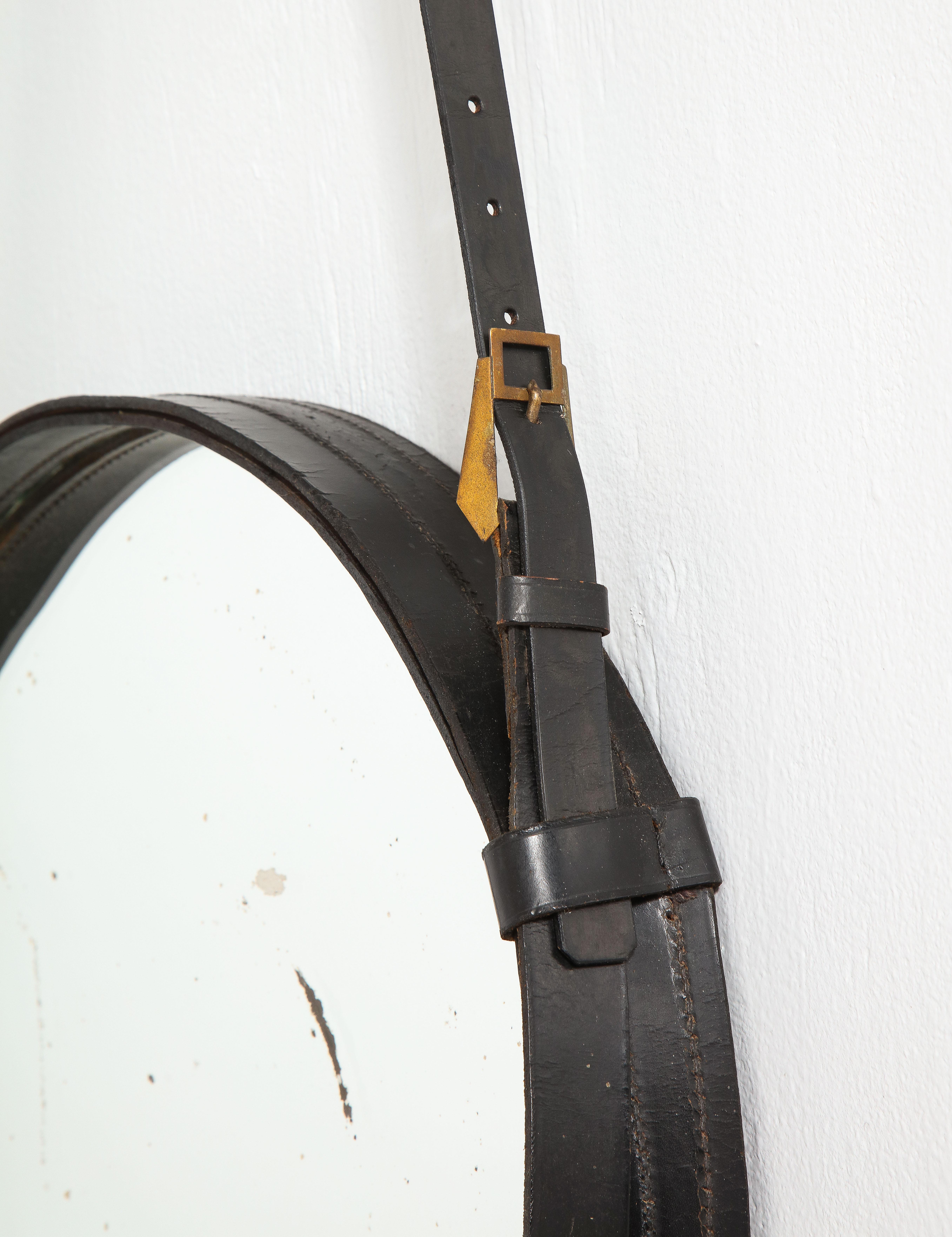Jacques Adnet Style Black Leather Belt Mirror, France 1960's In Good Condition For Sale In New York, NY