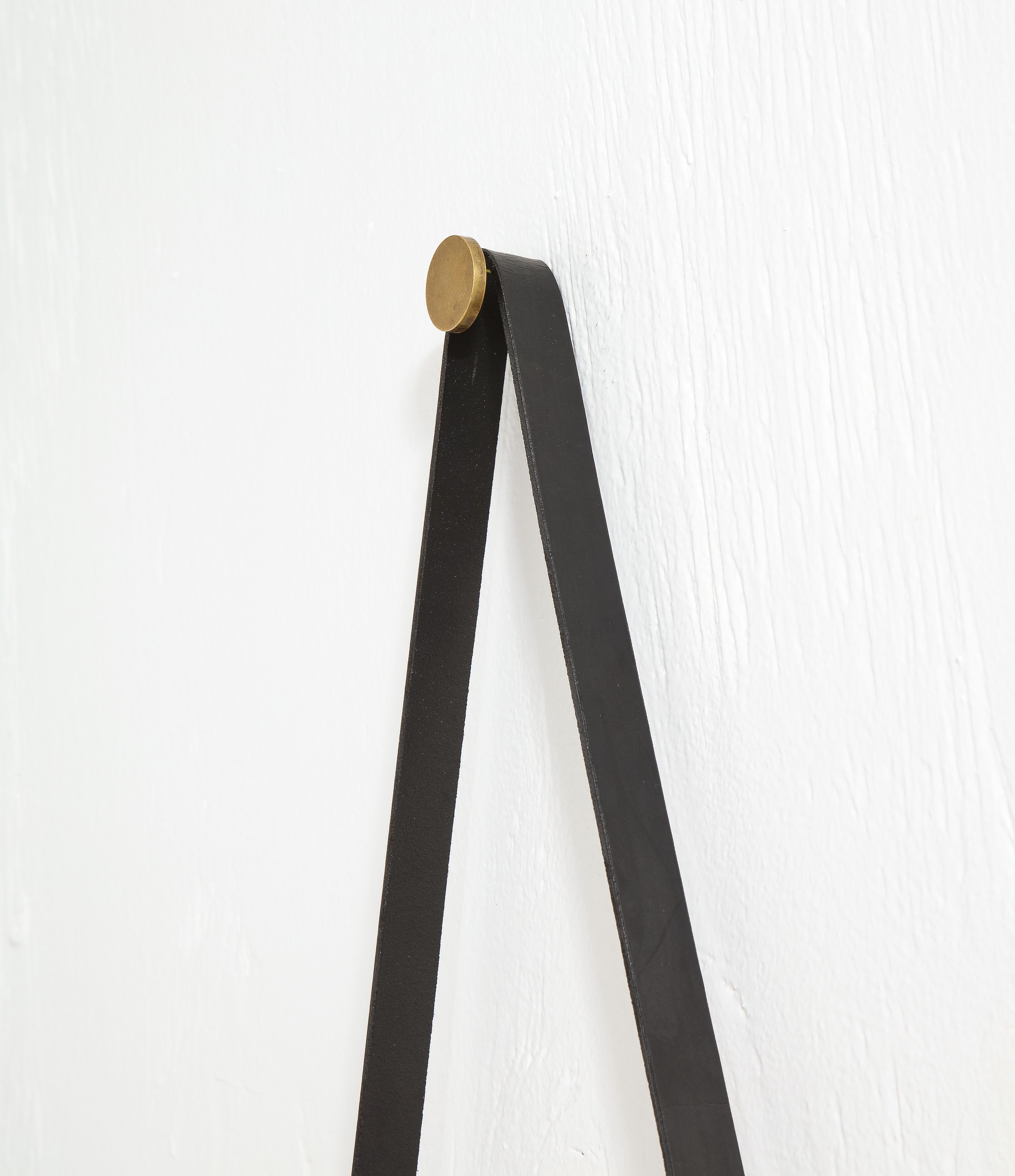 20th Century Jacques Adnet Style Black Leather Belt Mirror, France 1960's For Sale