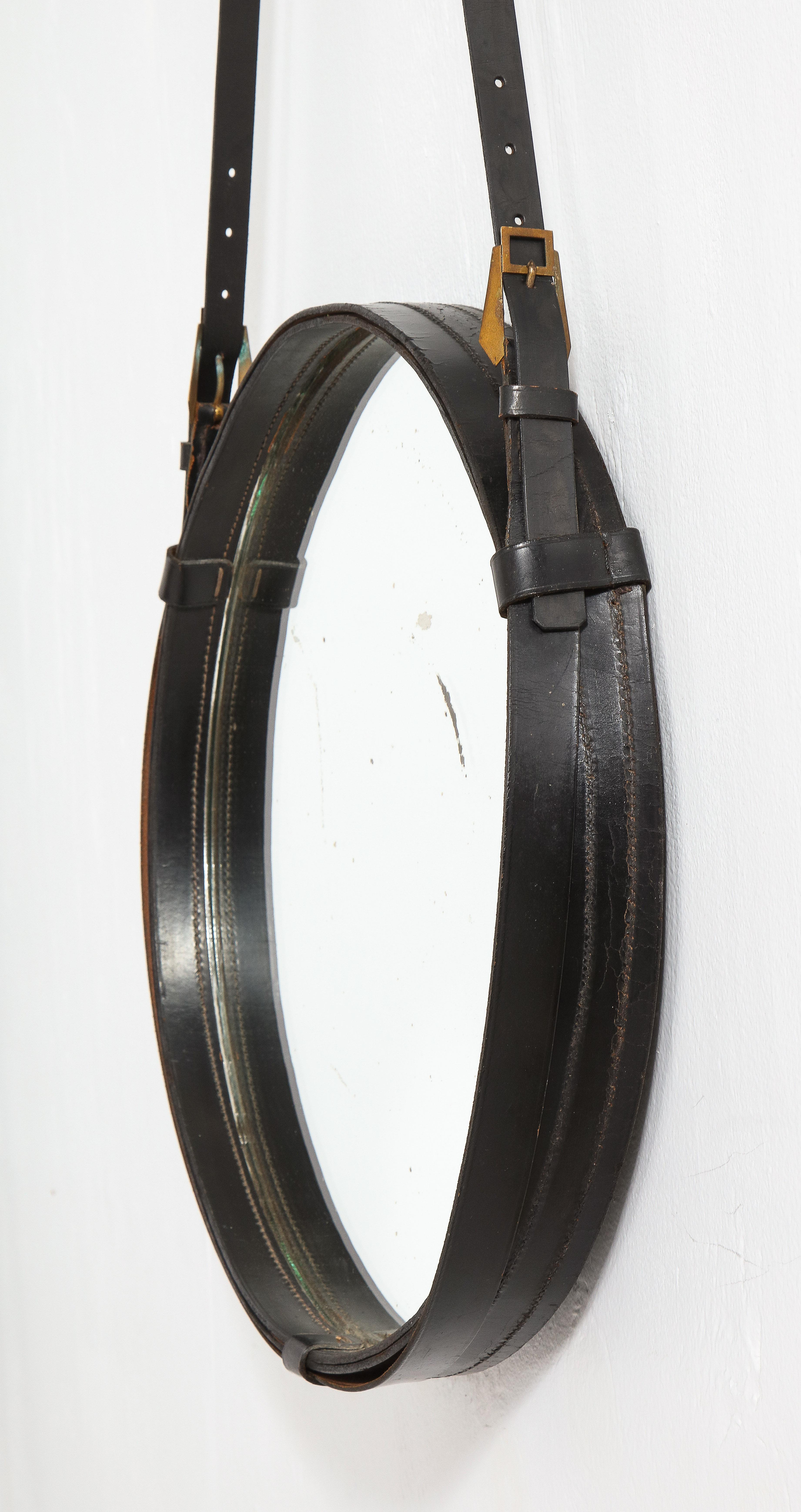 Brass Jacques Adnet Style Black Leather Belt Mirror, France 1960's For Sale