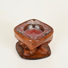 Cendrier en cuir plié et cristal de Jacques Adnet, Italie, années 1950