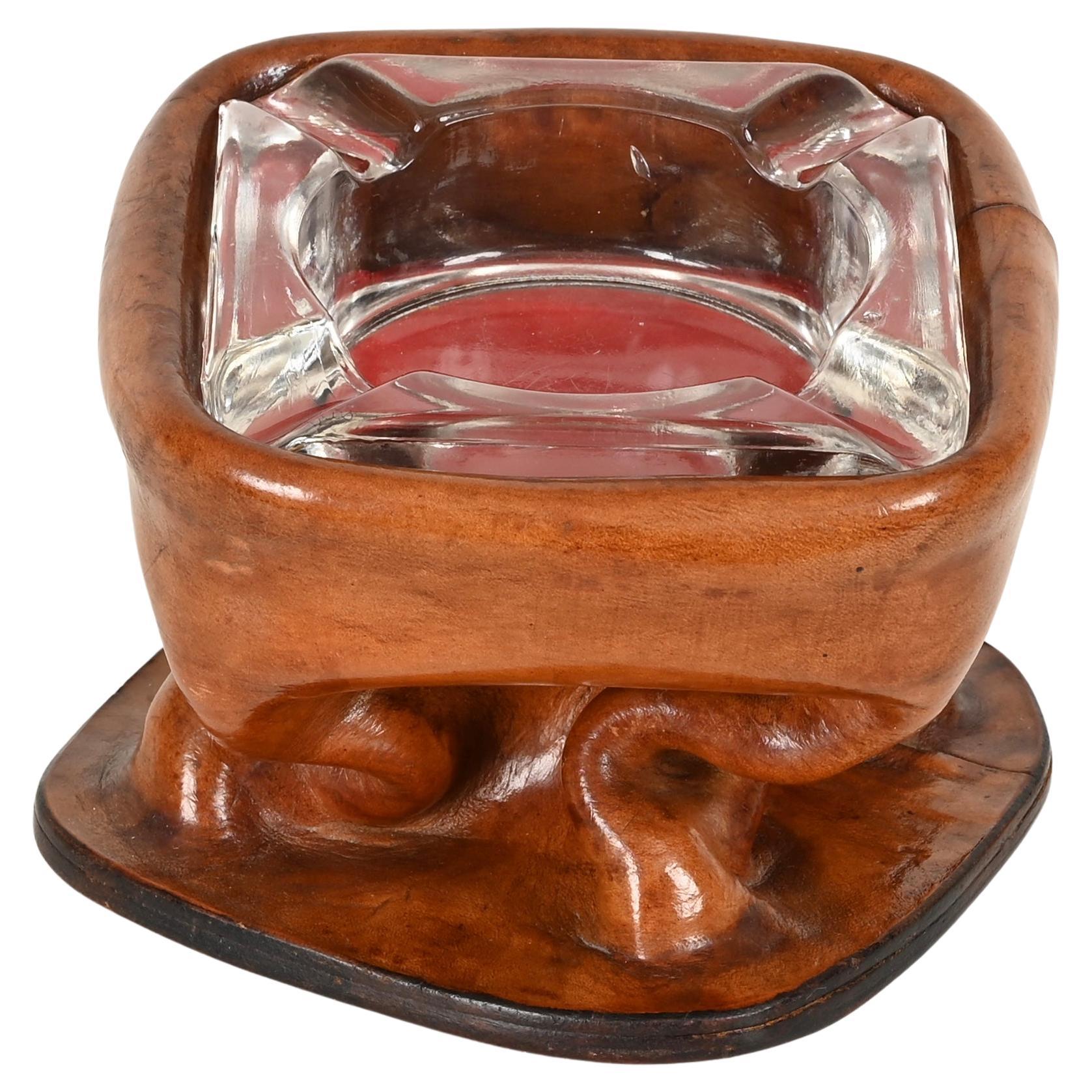 Jacques Adnet Bent Leather and Crystal Ashtray, Italy, 1950s